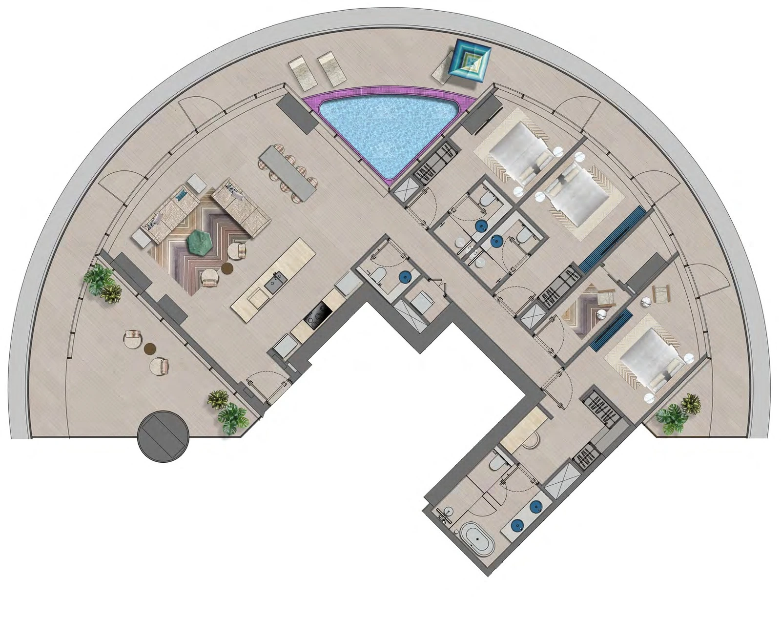Trio Isle Queen B 3-bedroom Type 2 apartment floor plan, 2,845 sq ft