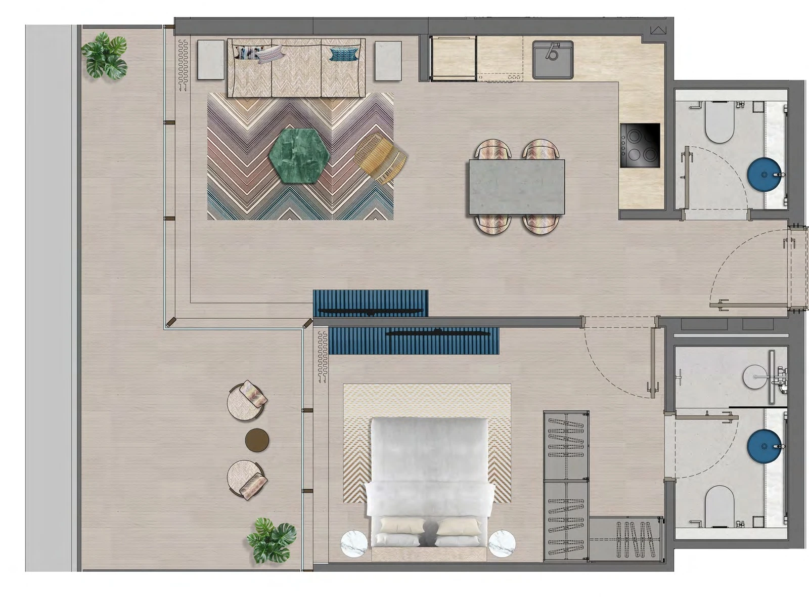 Trio Isle Queen B 1-bedroom Type 1A apartment floor plan showing 2nd-12th Levels