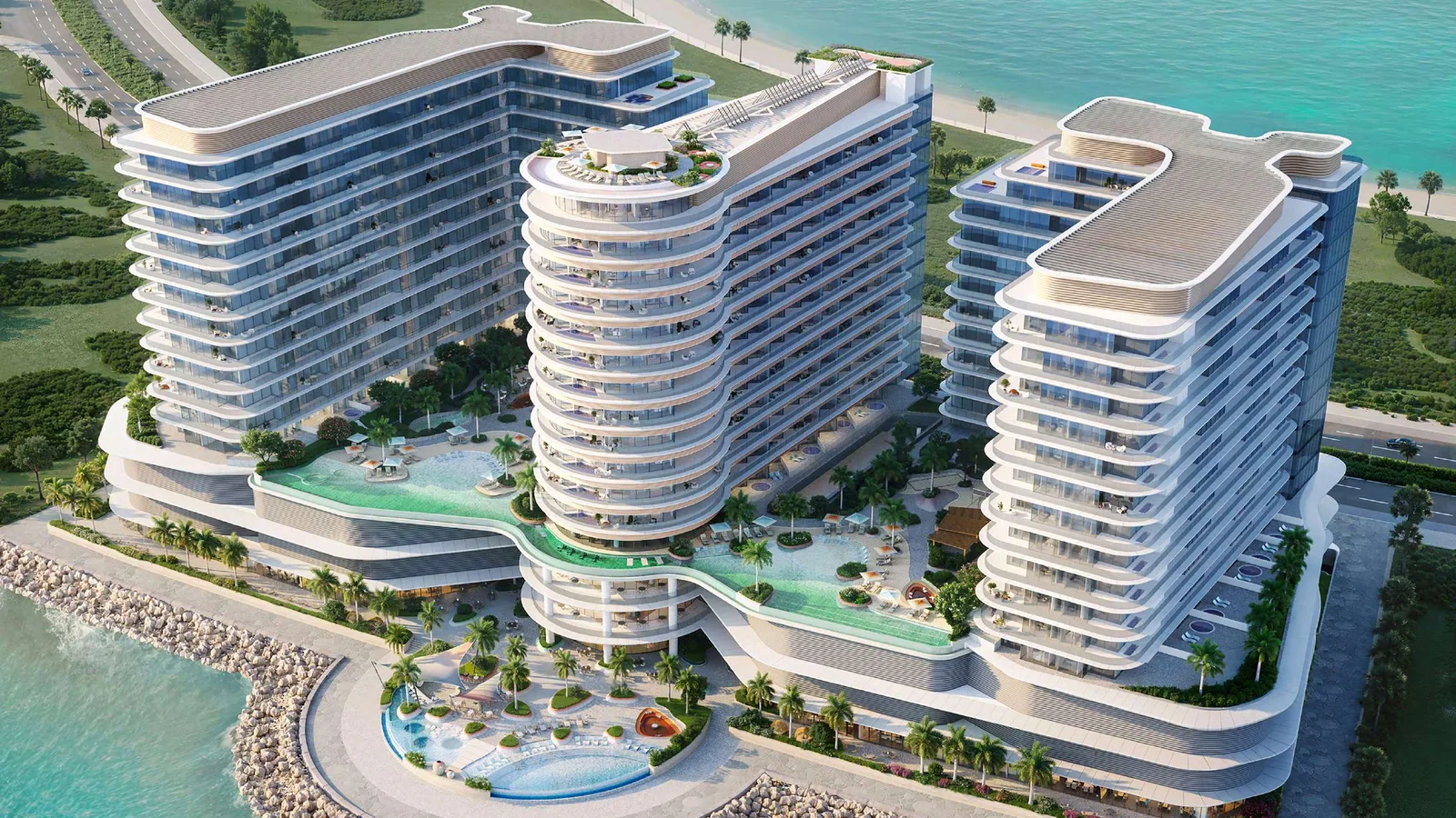 Aerial view of Trio Isle Queen B and the waterfront Trio Isle development
