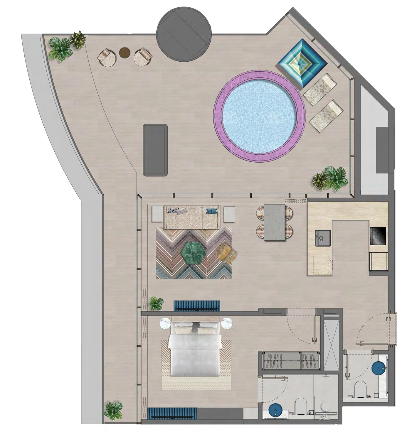 Trio Isle Queen B 1-bedroom Type 2A apartment floor plan, 1,232 sq ft