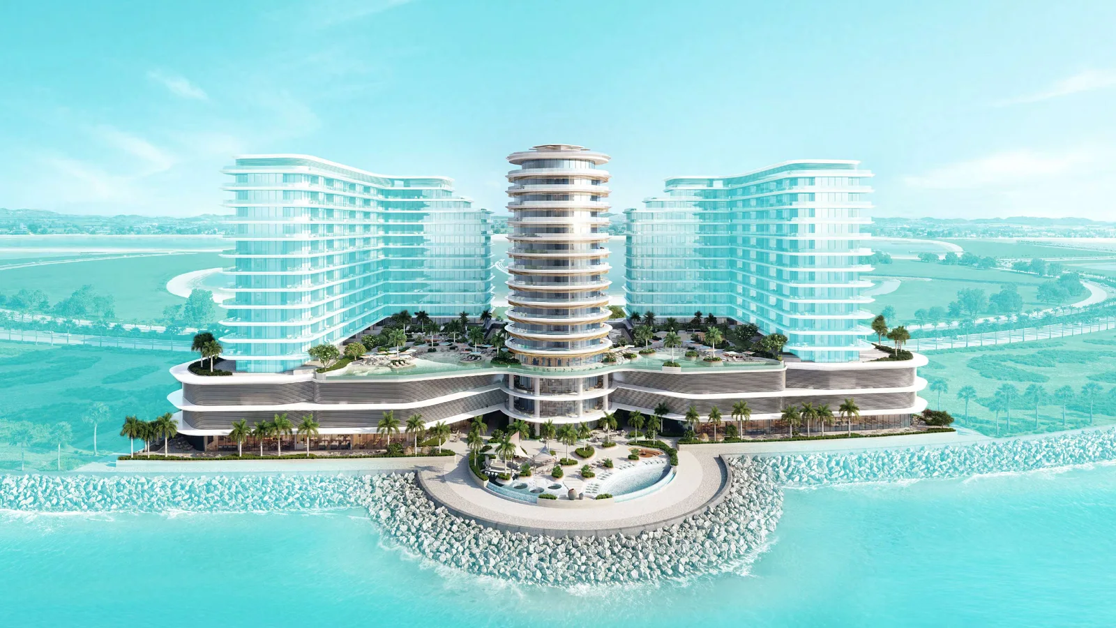 Waterfront elevation of Trio Isle Queen B between Isle A and Isle C