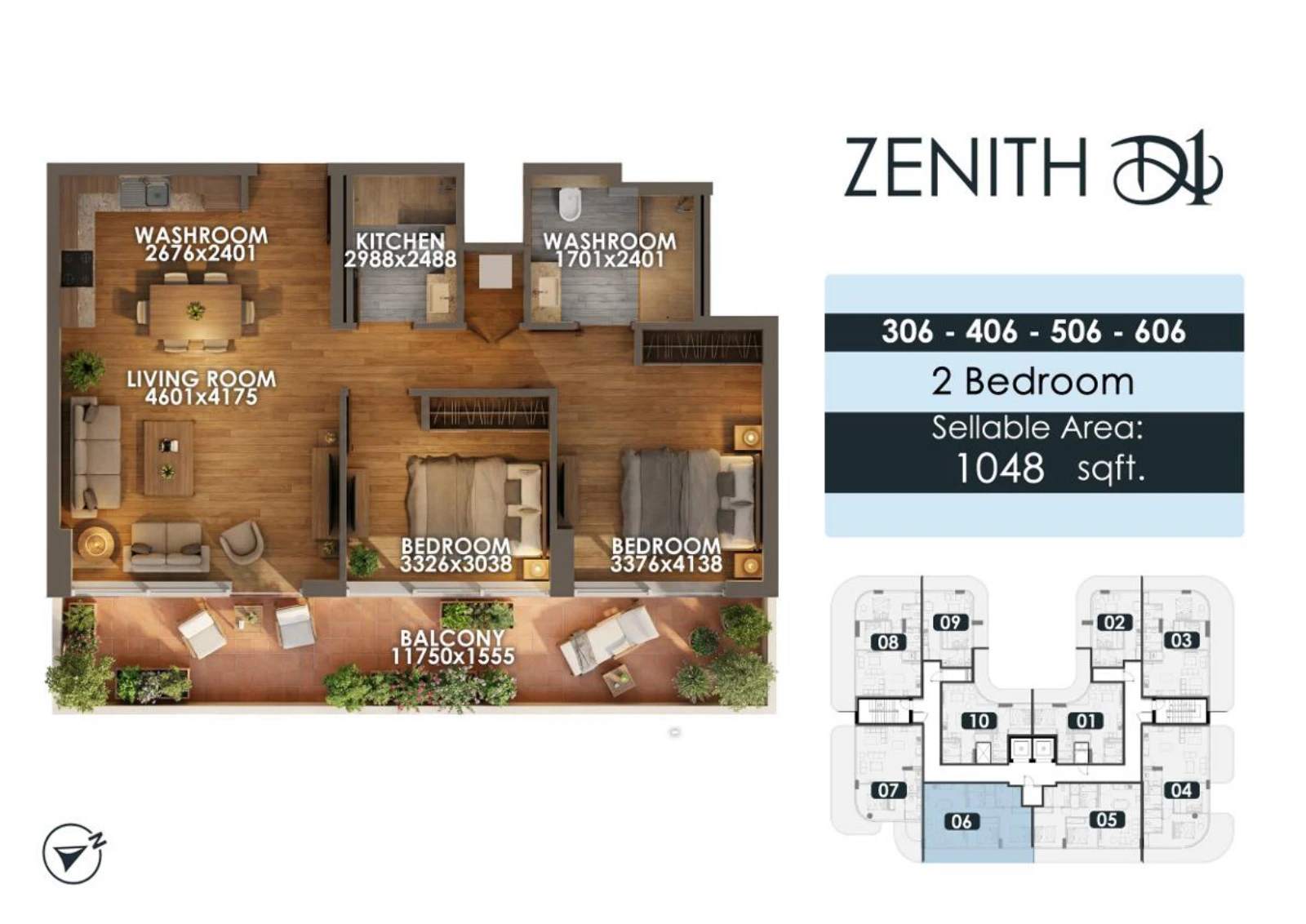 Zenith D1 2 bedroom apartment floor plan for units 306/406/506/606, 1,048 sq ft