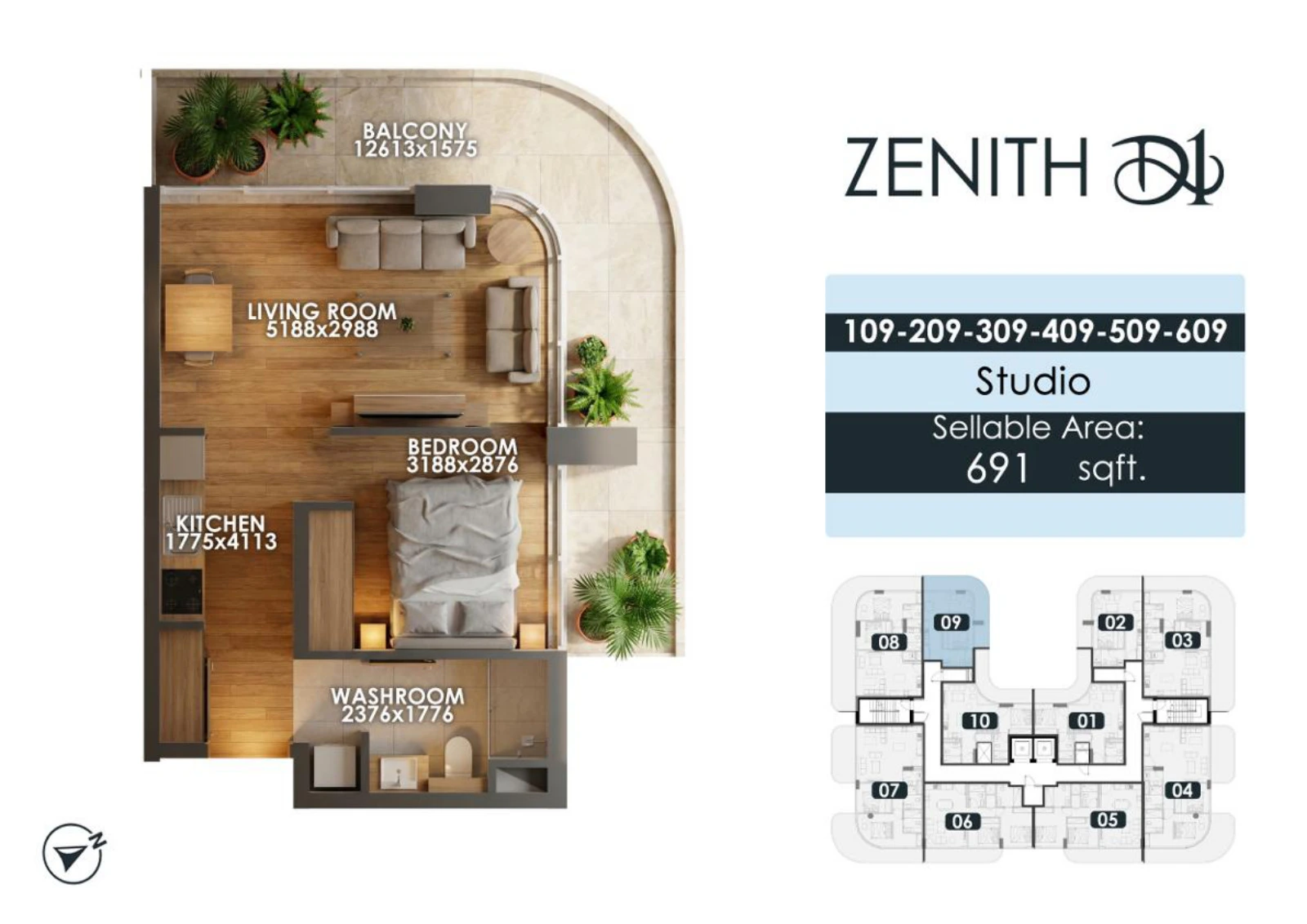 Zenith D1 studio apartment floor plan for units 109/209/309/409/509/609, 691 sq ft