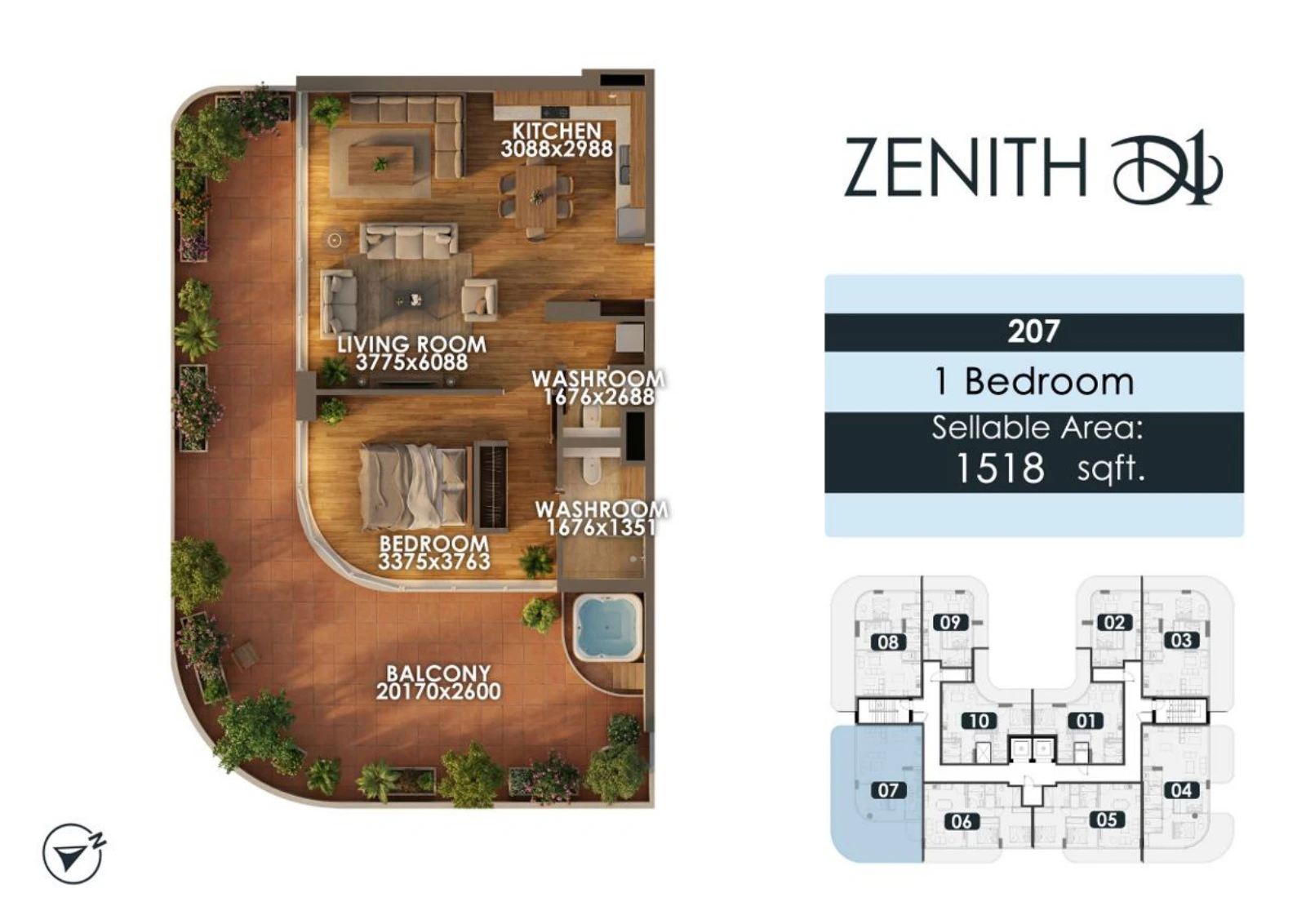 Zenith D1 1 bedroom apartment floor plan for unit 207, 1,518 sq ft