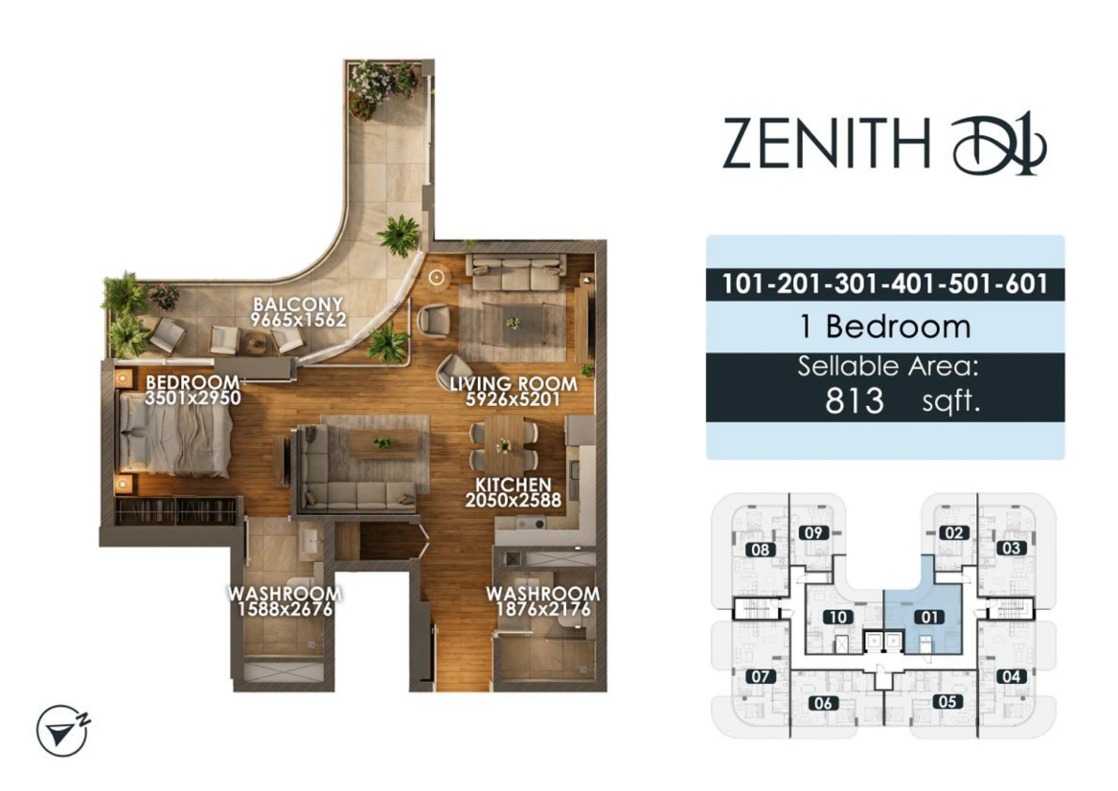 Zenith D1 1 bedroom apartment floor plan for units 101/201/301/401/501/601, 813 sq ft