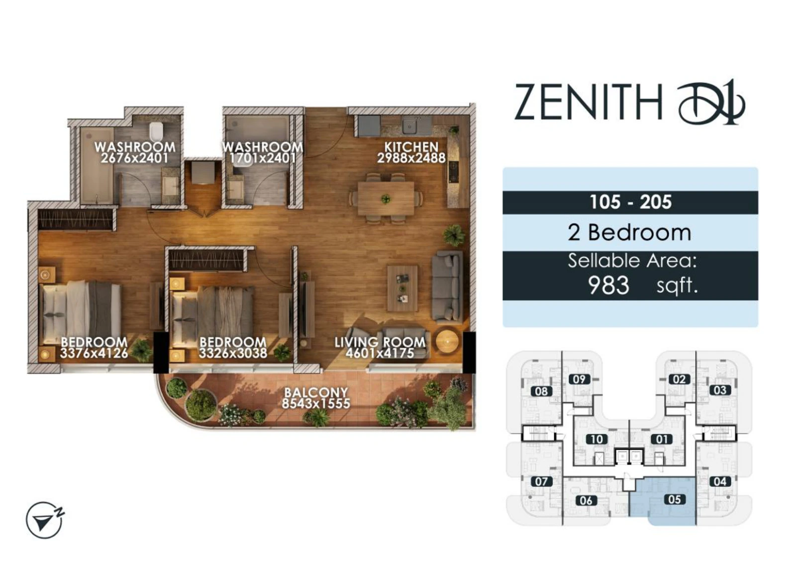 Zenith D1 2 bedroom apartment floor plan for units 105/205, 983 sq ft