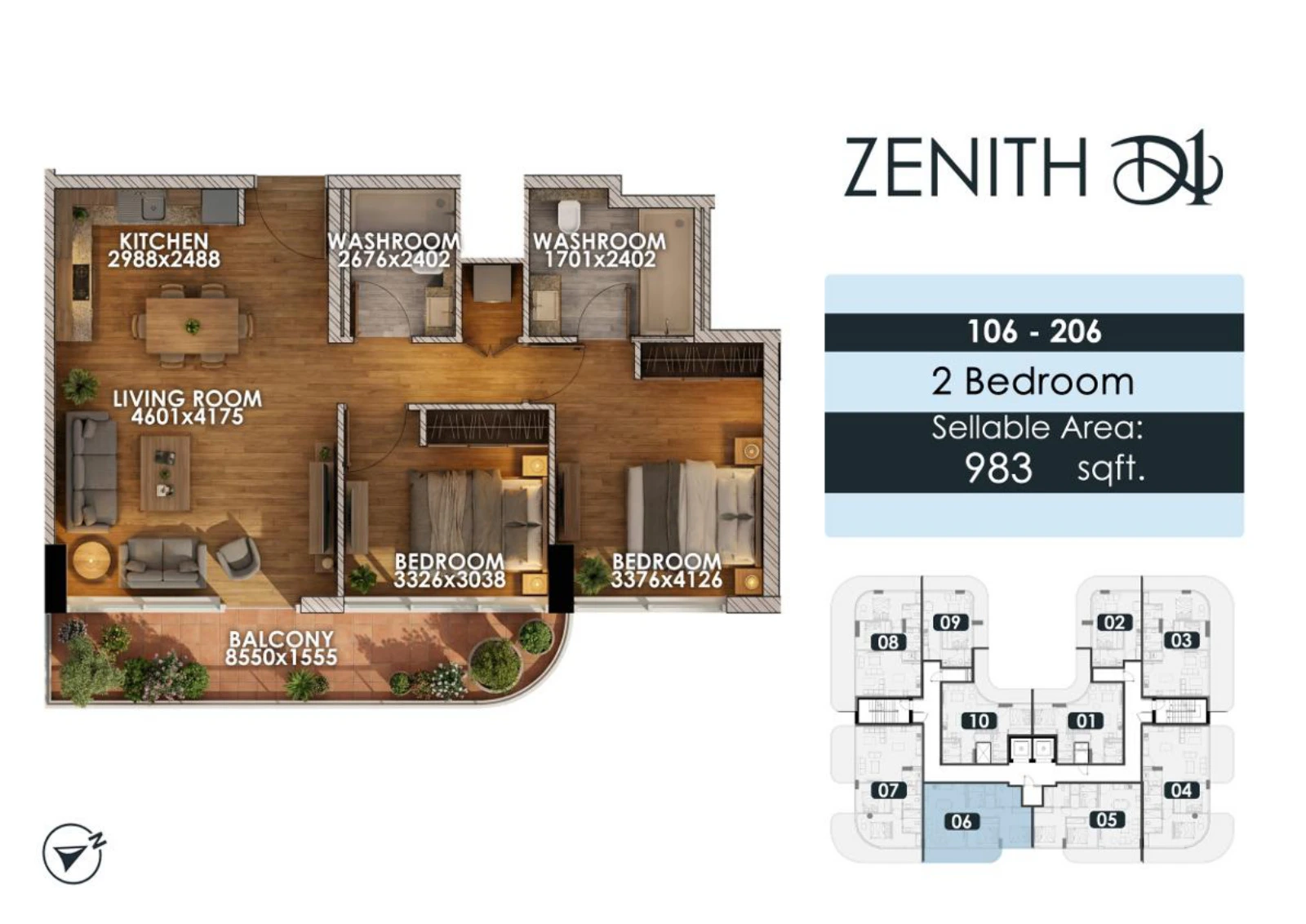 Zenith D1 2 bedroom apartment floor plan for units 106/206, 983 sq ft