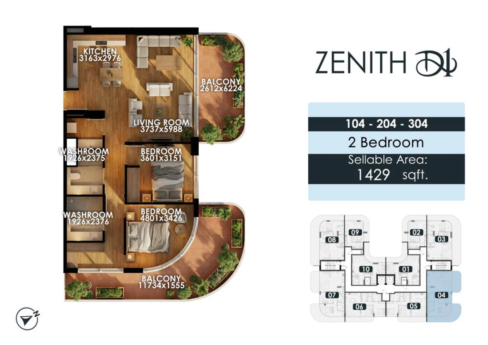 Zenith D1 2 bedroom apartment floor plan for units 104/204/304, 1,429 sq ft