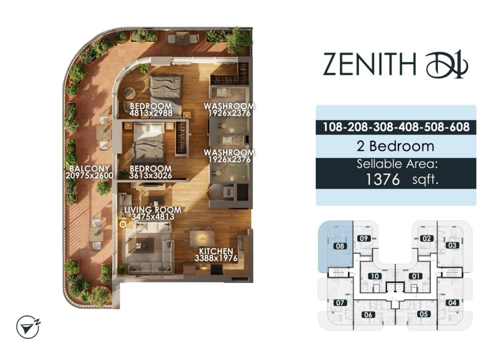 Zenith D1 2 bedroom apartment floor plan for units 108/208/308/408/508/608, 1,376 sq ft