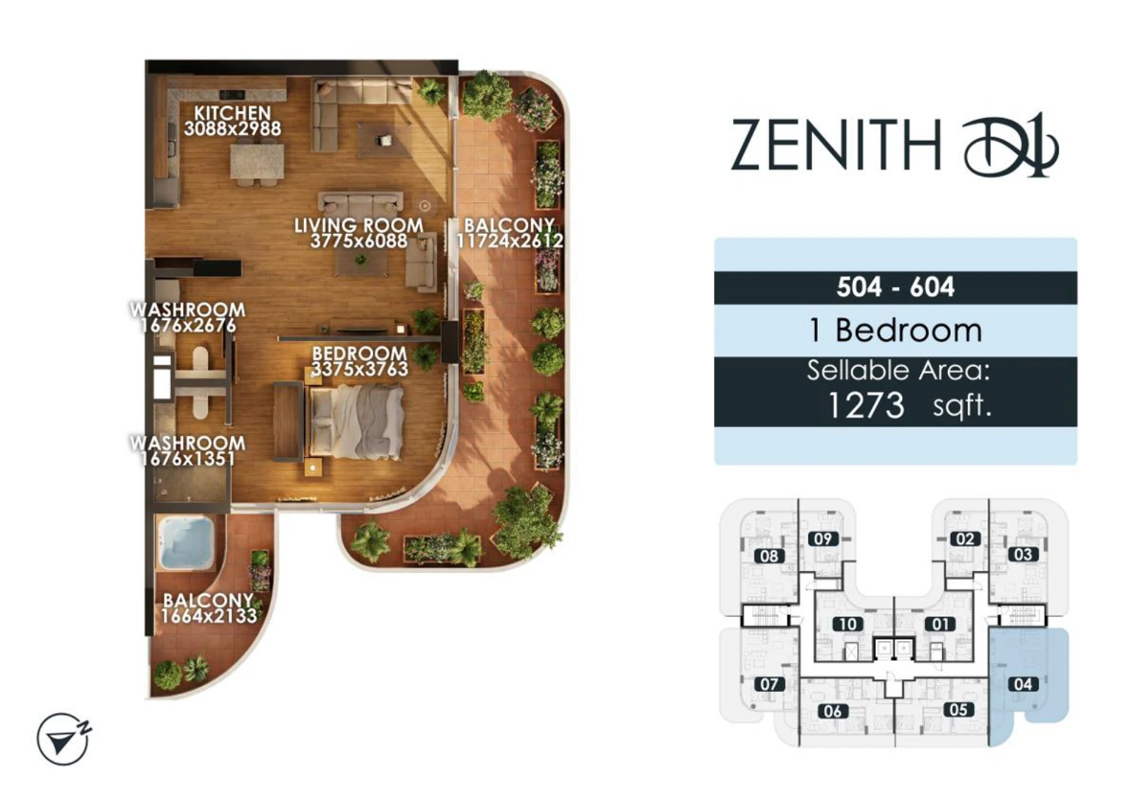 Zenith D1 1 bedroom apartment floor plan for units 504/604, 1,273 sq ft