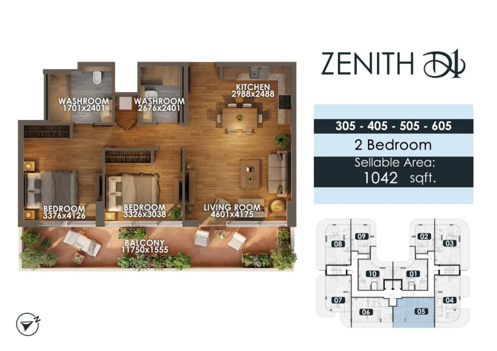 Zenith D1 2 bedroom apartment floor plan for units 305/405/505/605, 1,042 sq ft