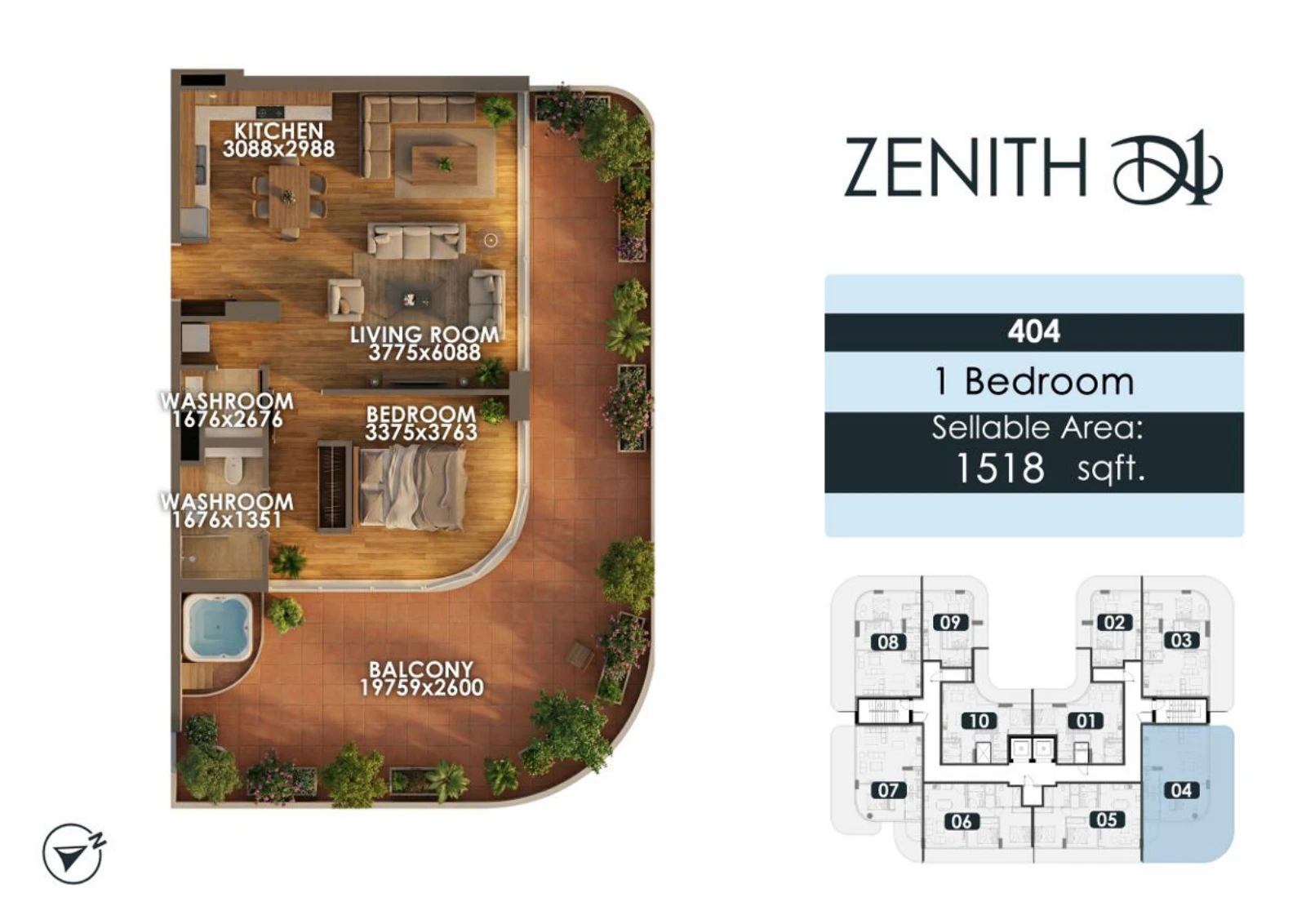 Zenith D1 1 bedroom apartment floor plan for unit 404, 1,518 sq ft
