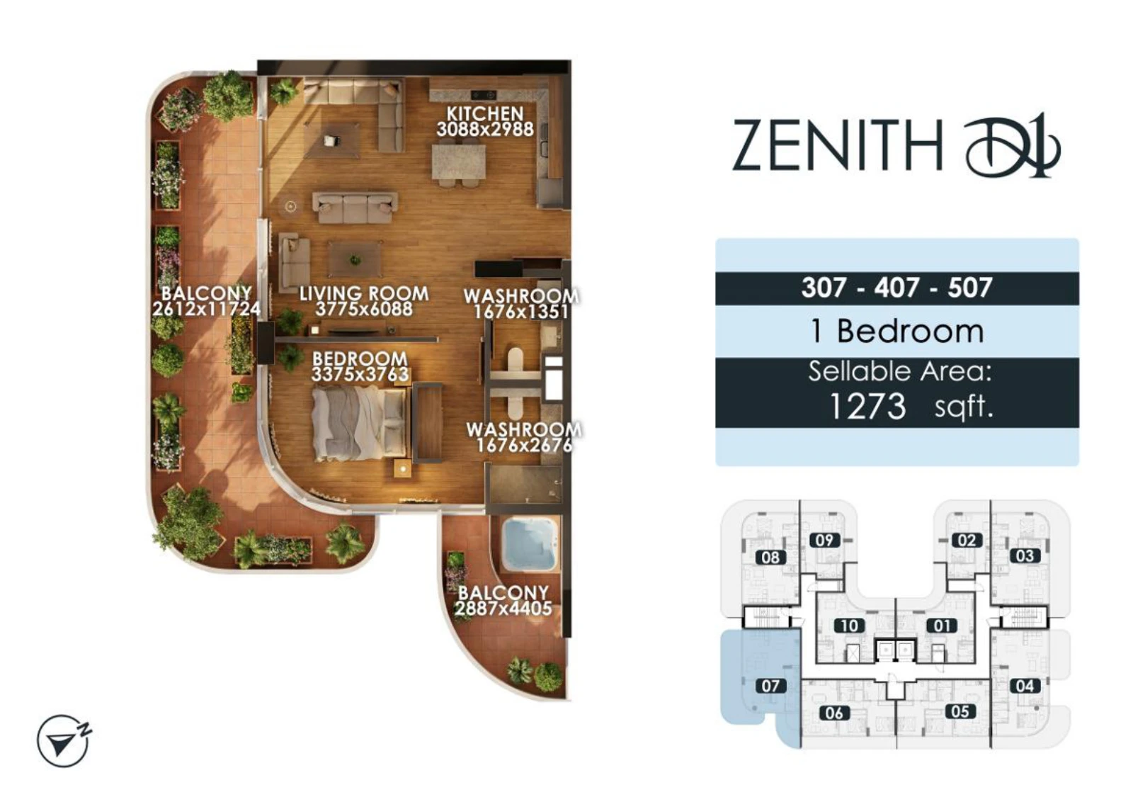 Zenith D1 1 bedroom apartment floor plan for units 307/407/507, 1,273 sq ft