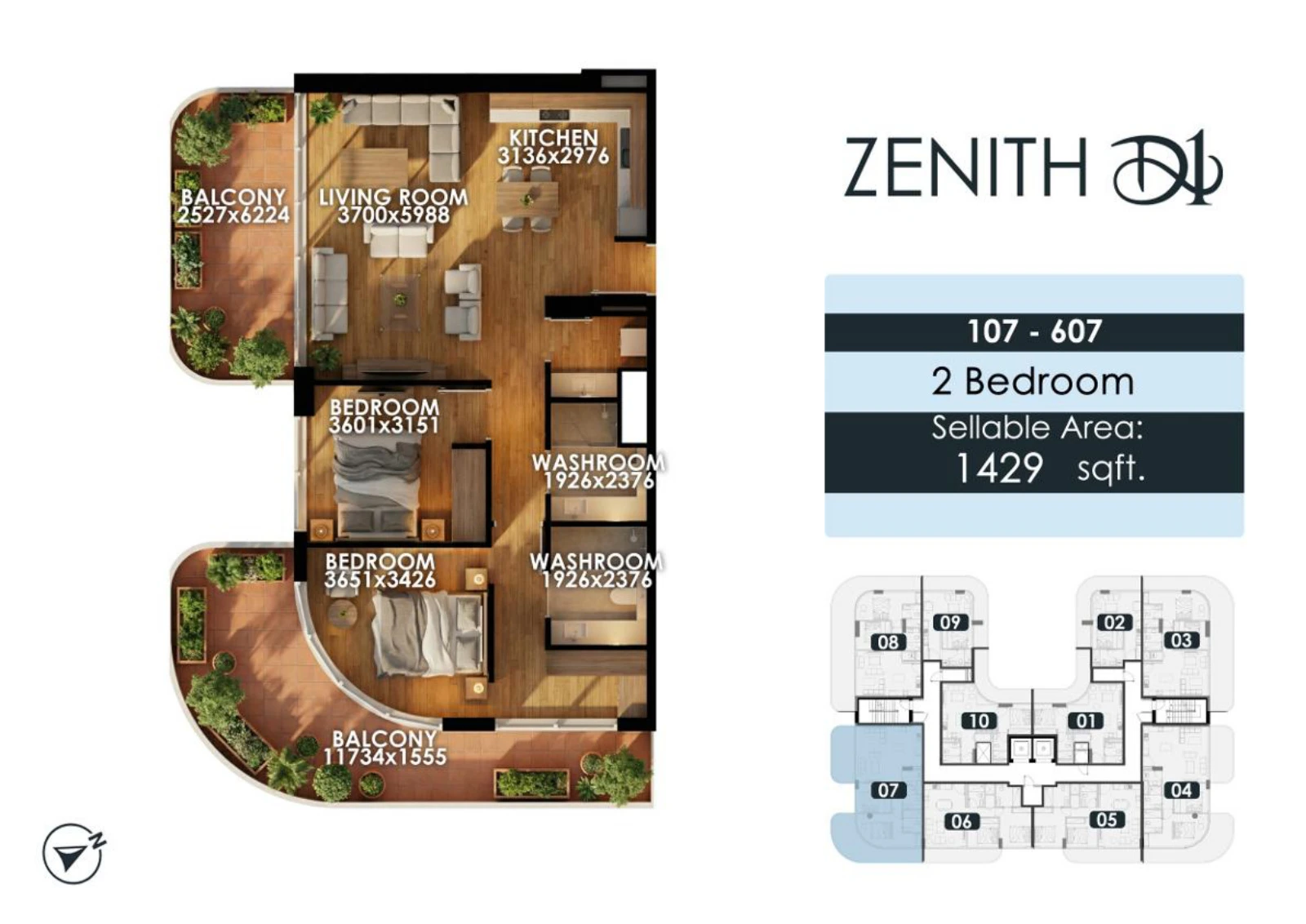 Zenith D1 2 bedroom apartment floor plan for units 107/607, 1,429 sq ft