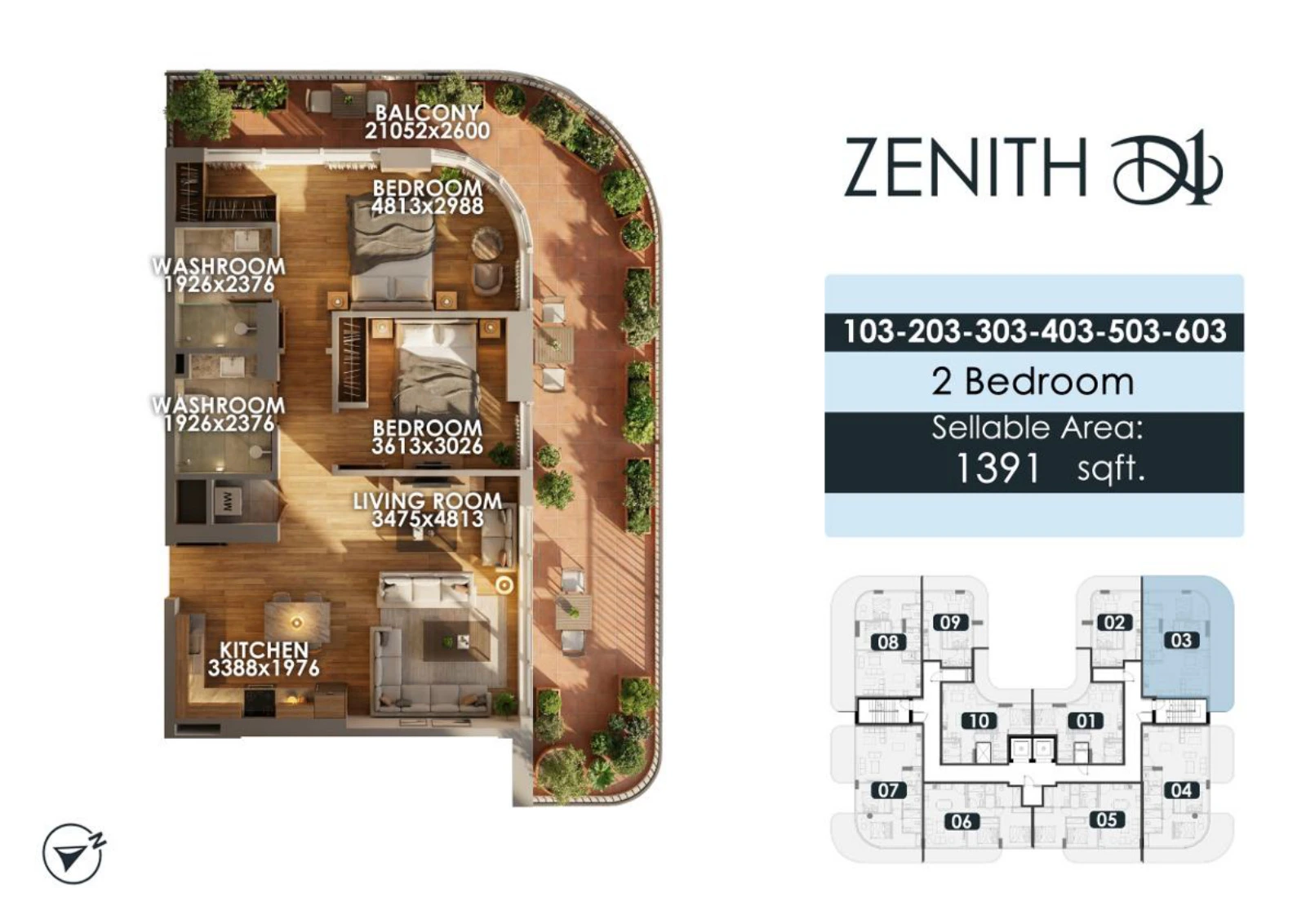 Zenith D1 2 bedroom apartment floor plan for units 103/203/303/403/503/603, 1,391 sq ft