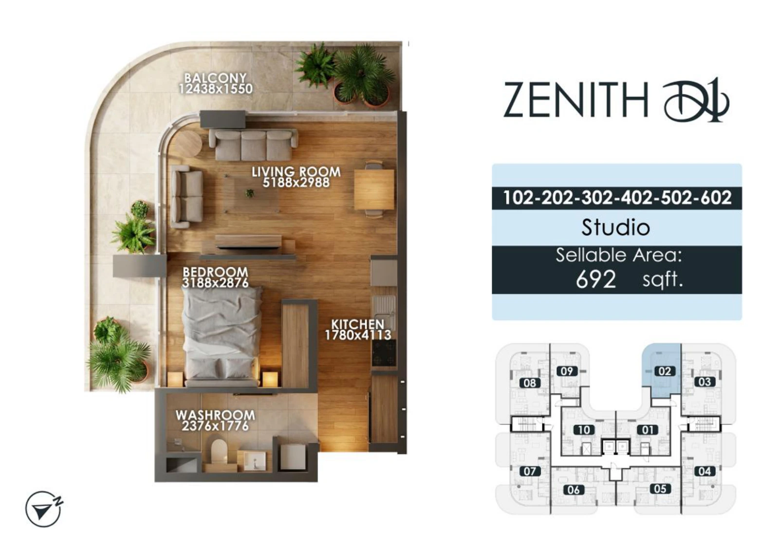 Zenith D1 studio apartment floor plan for units 102/202/302/402/502/602, 692 sq ft