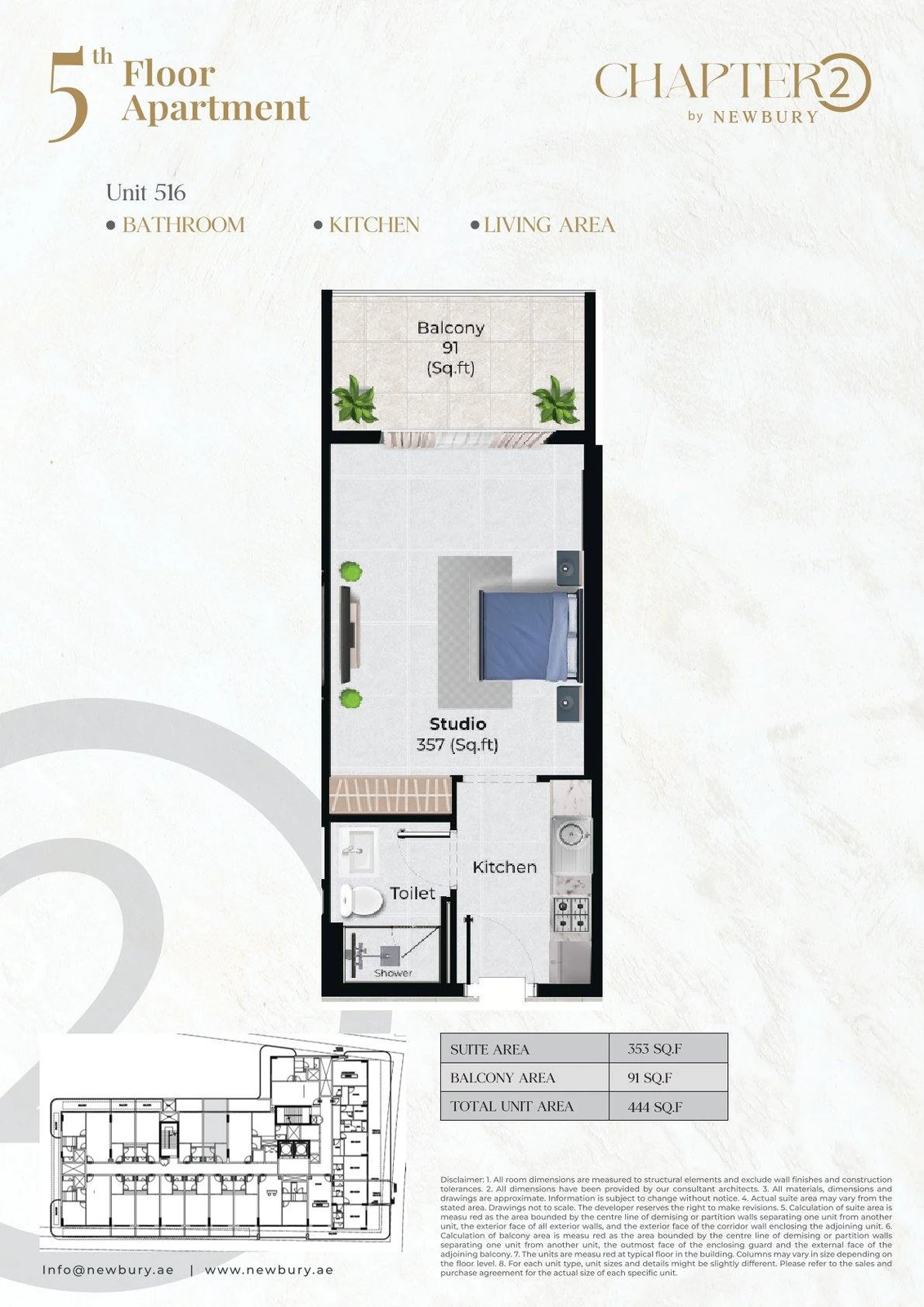 Chapter 02 studio apartment Unit 516 floor plan, 444 sq ft