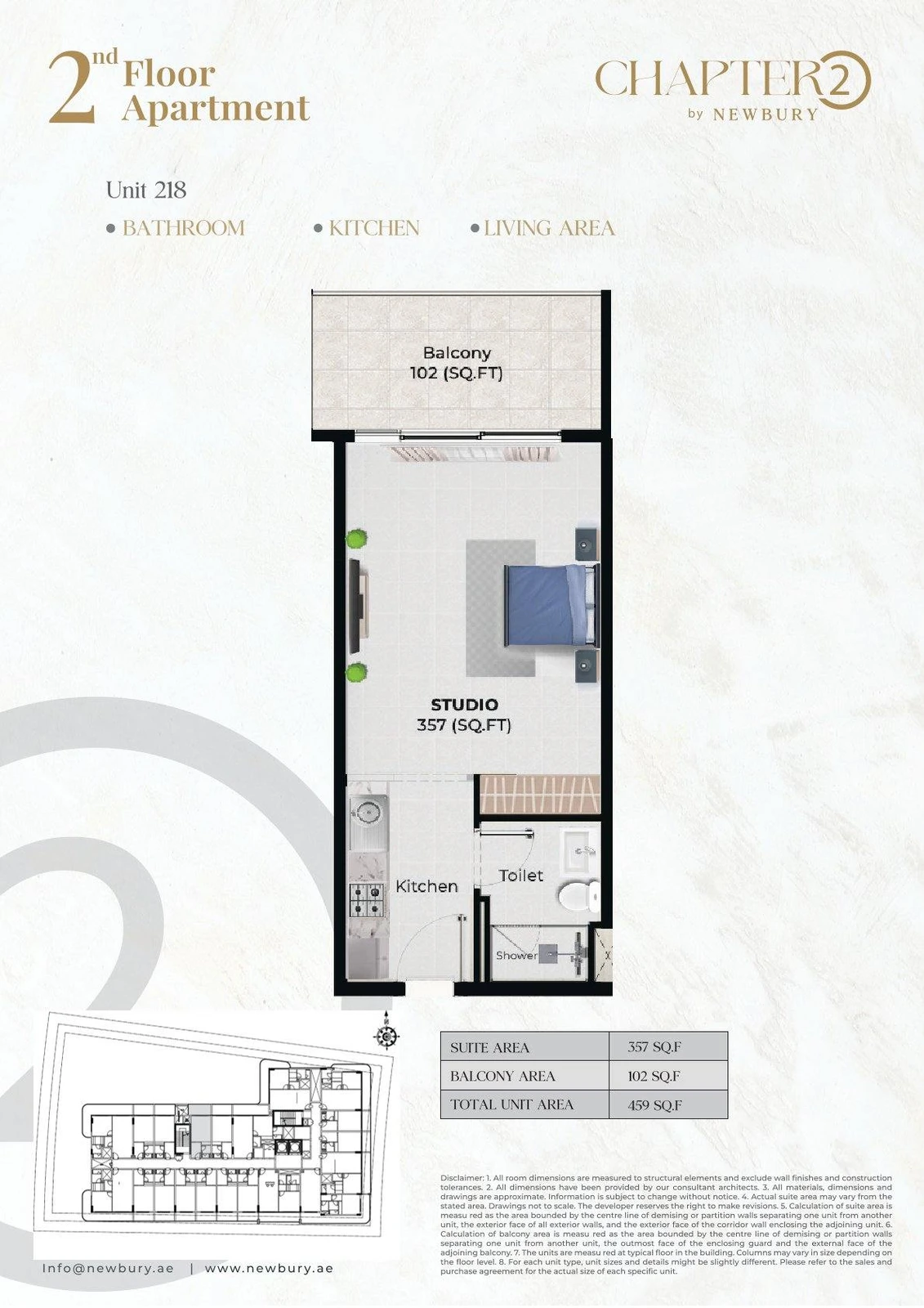 Chapter 02 studio apartment Unit 218 floor plan, 459 sq ft