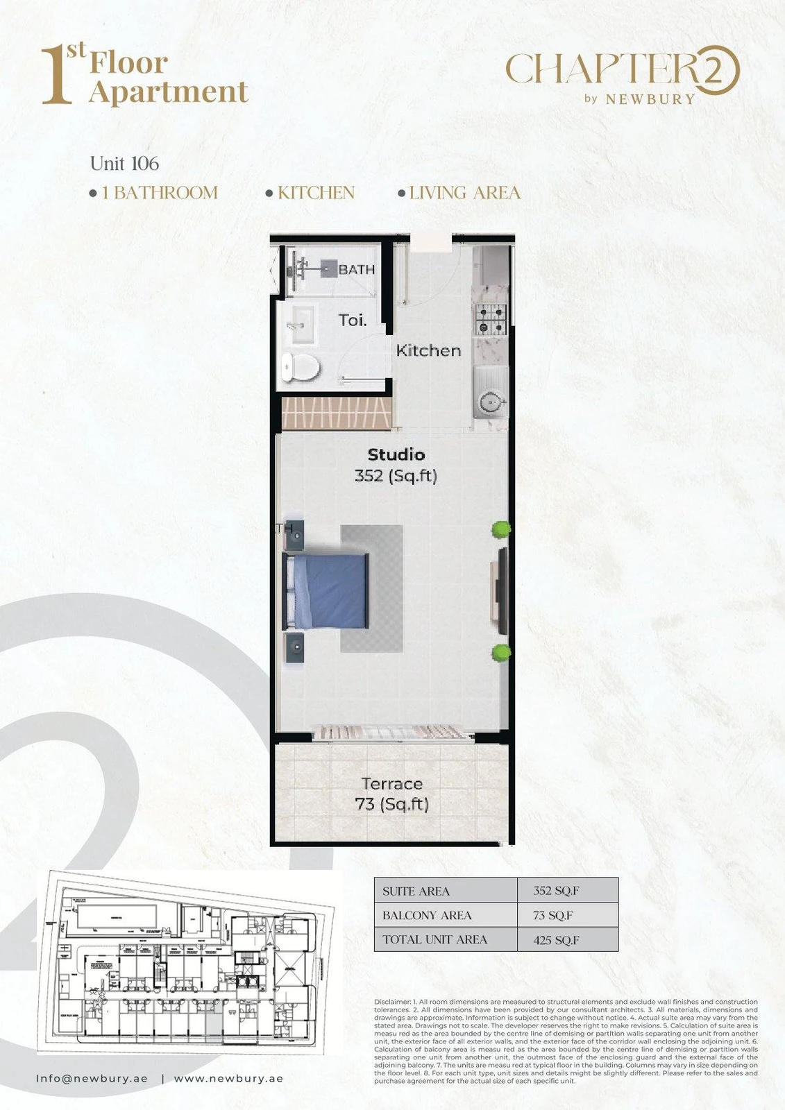 Chapter 02 studio apartment Unit 106 floor plan, 425 sq ft