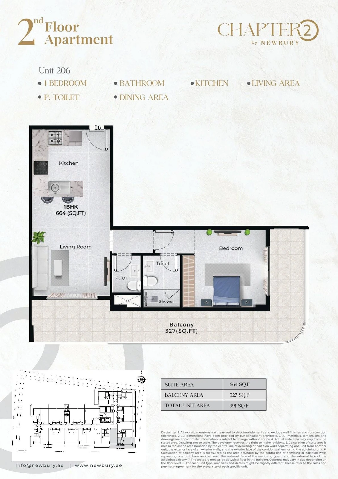 Chapter 02 1 bedroom apartment Unit 206 floor plan, 991 sq ft