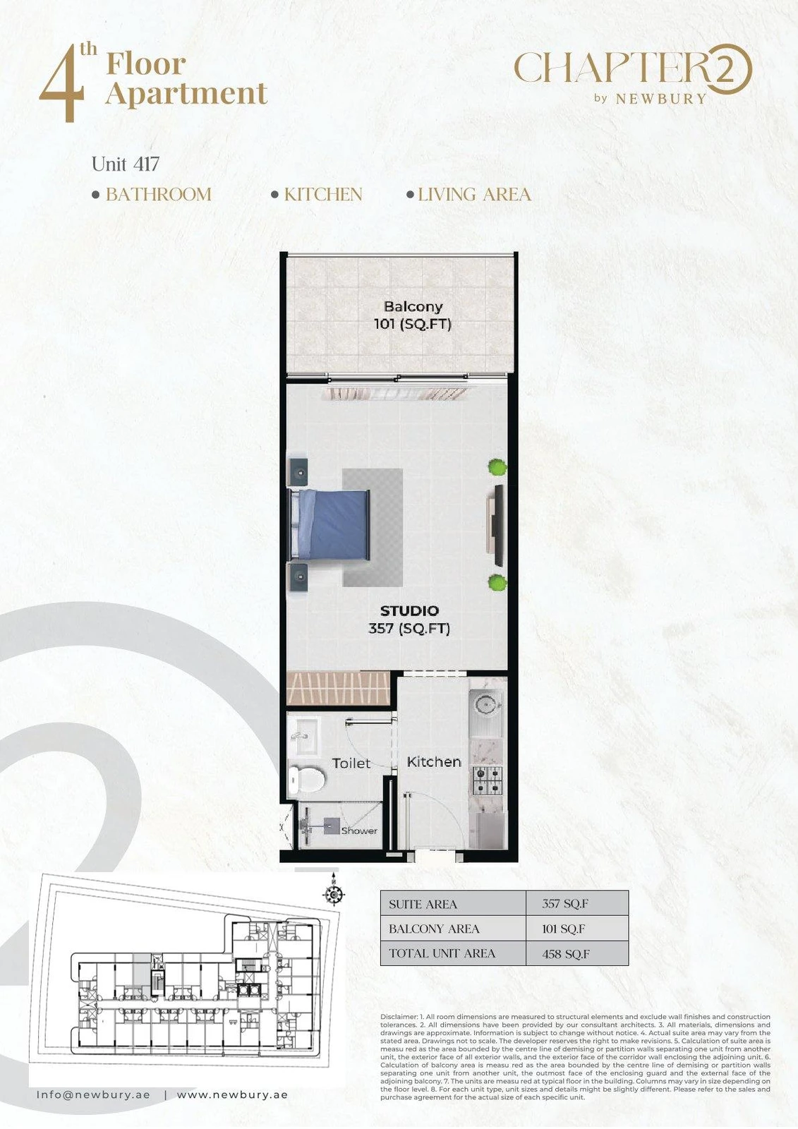 Chapter 02 studio apartment Unit 417 floor plan, 458 sq ft