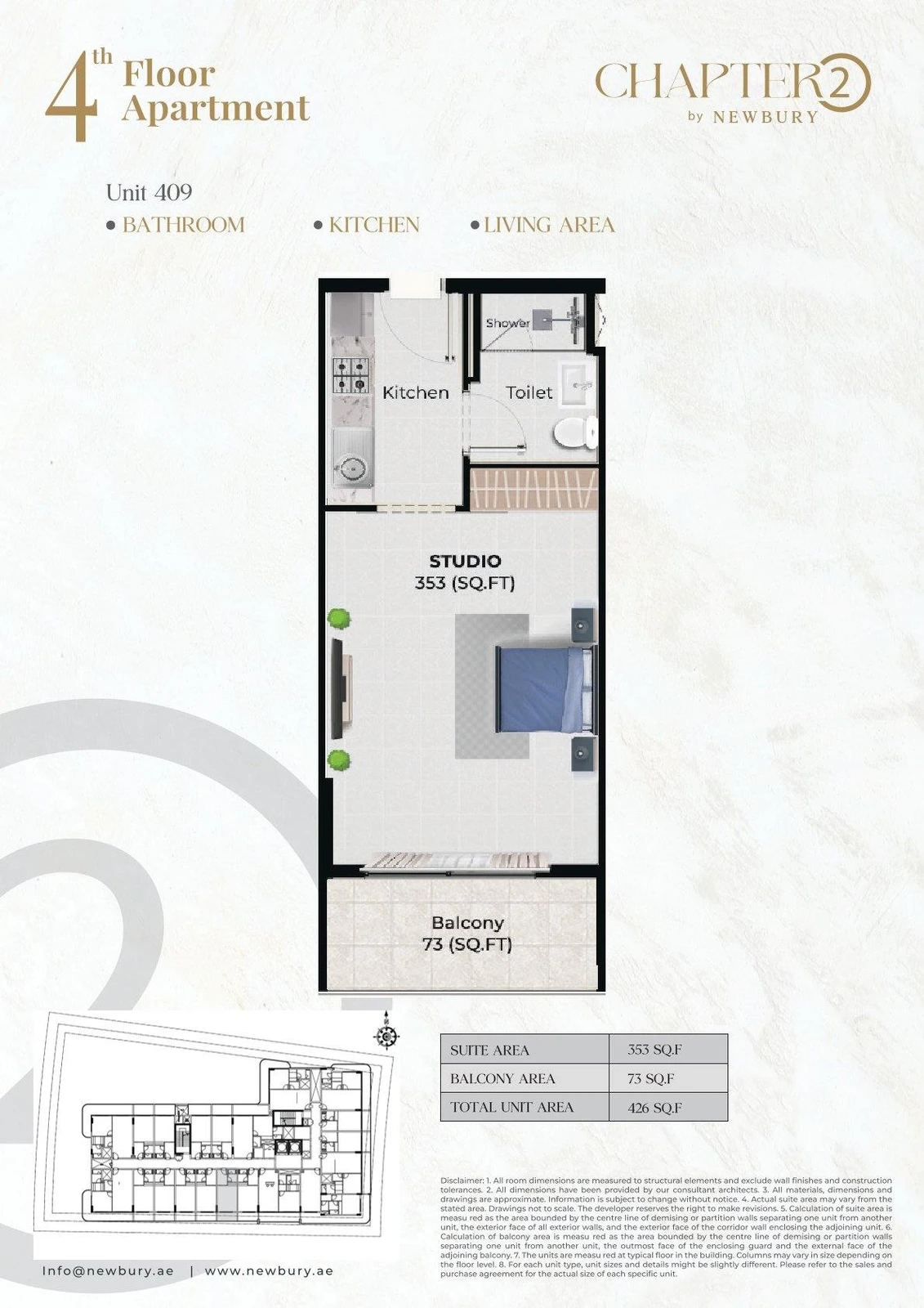 Chapter 02 studio apartment Unit 409 floor plan, 426 sq ft
