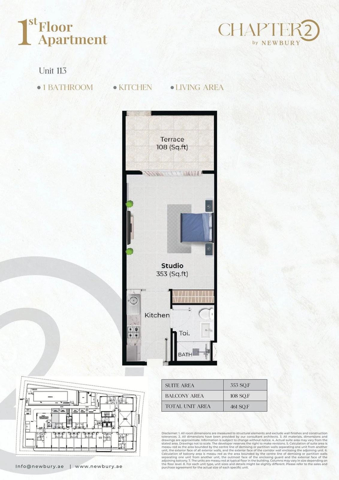 Chapter 02 studio apartment Unit 113 floor plan, 461 sq ft