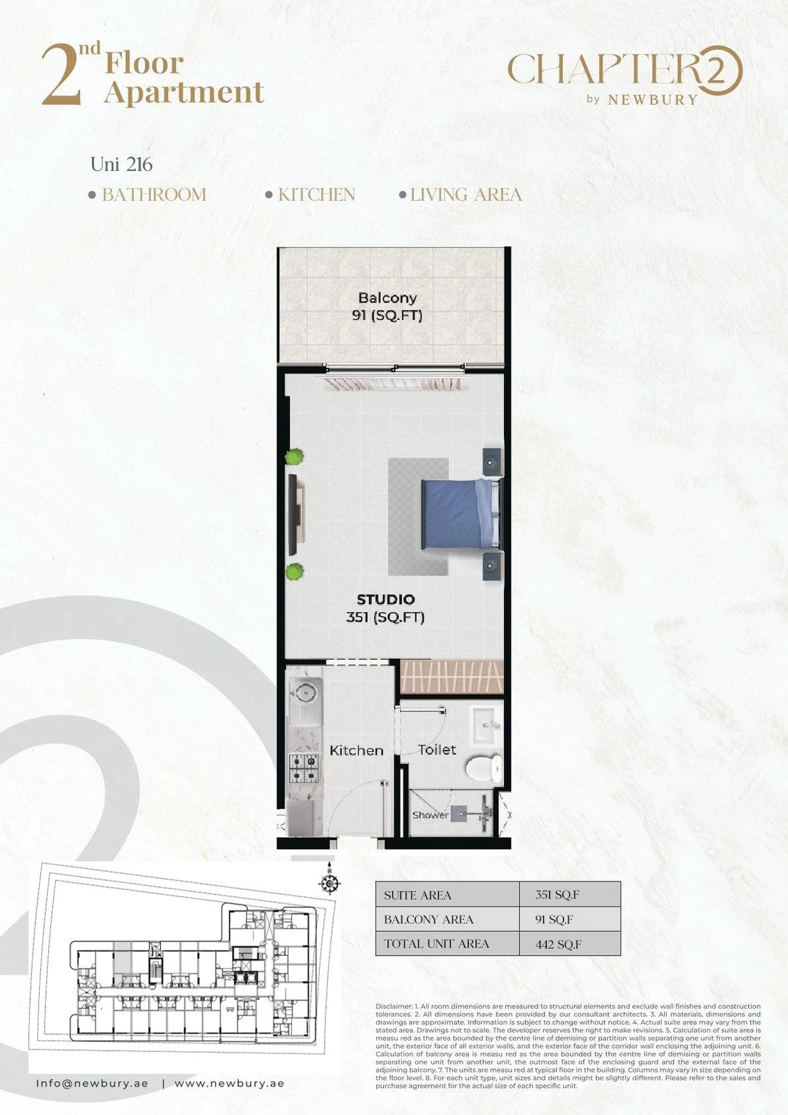 Chapter 02 studio apartment Unit 216 floor plan, 442 sq ft
