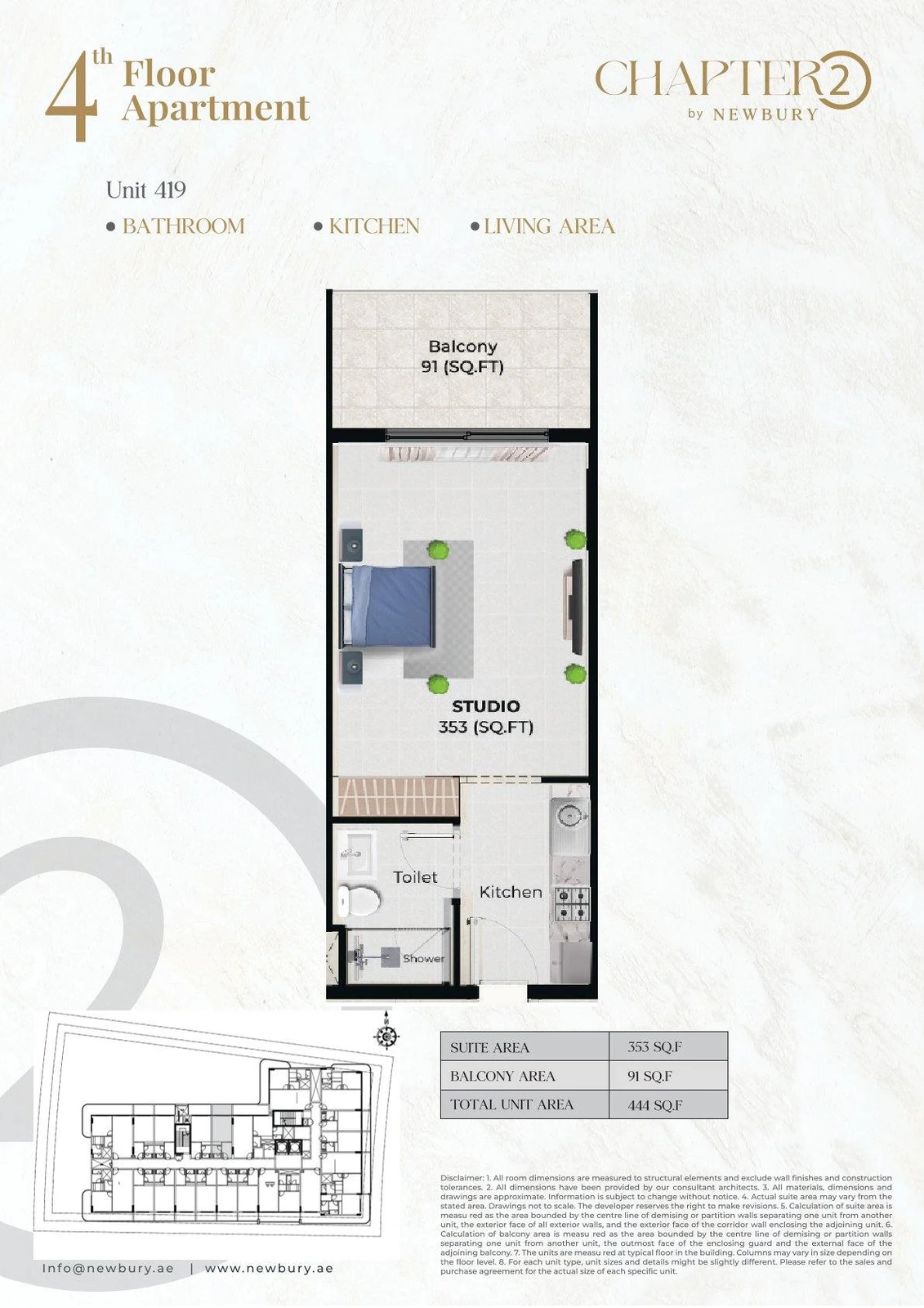 Chapter 02 studio apartment Unit 419 floor plan, 444 sq ft