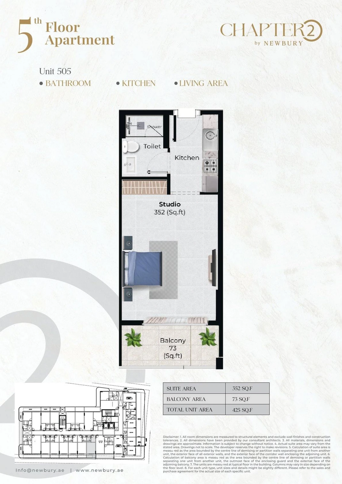 Chapter 02 studio apartment Unit 505 floor plan, 425 sq ft