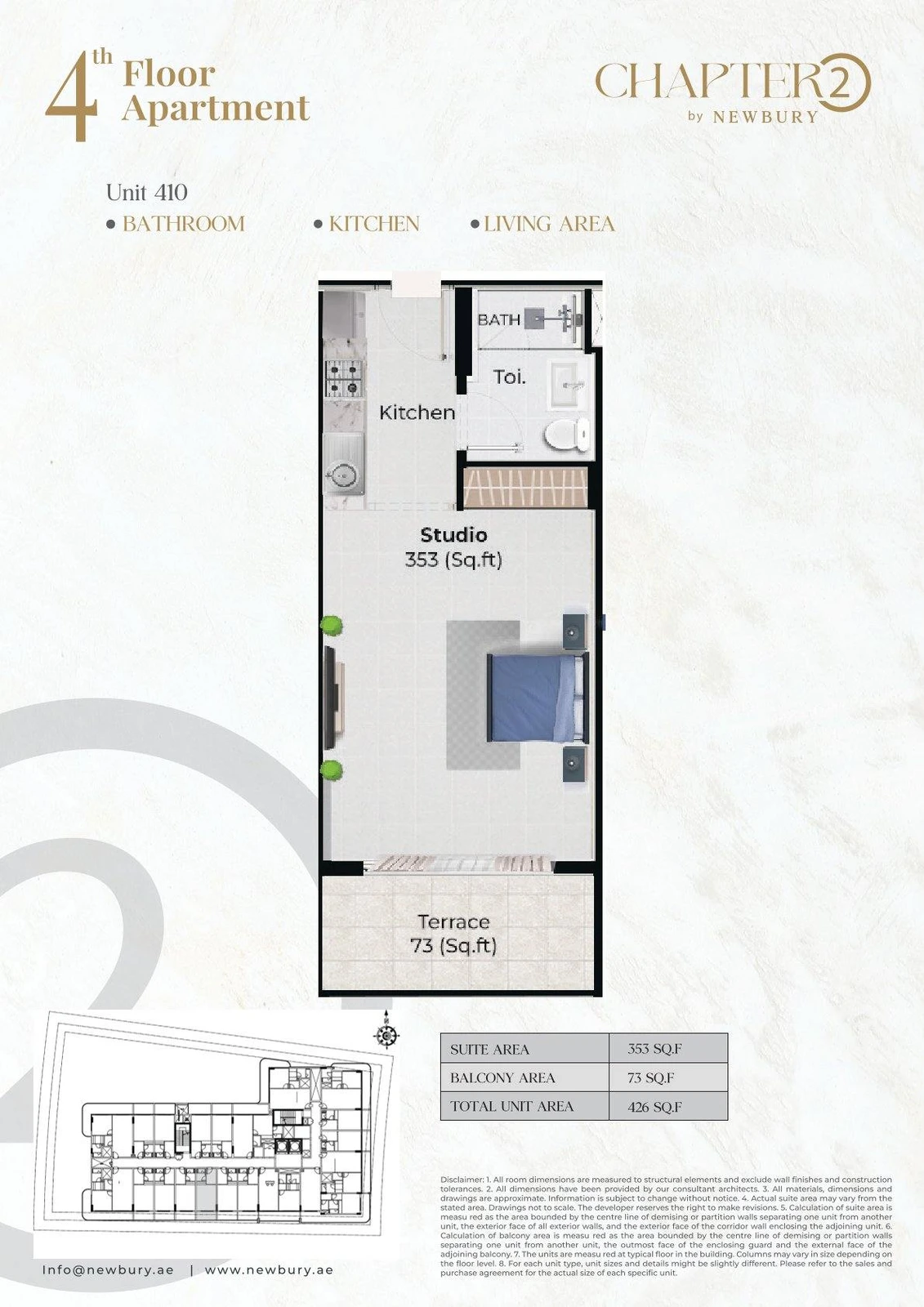 Chapter 02 studio apartment Unit 410 floor plan, 426 sq ft