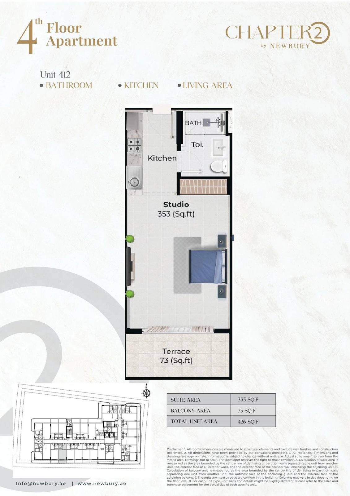Chapter 02 studio apartment Unit 412 floor plan, 426 sq ft