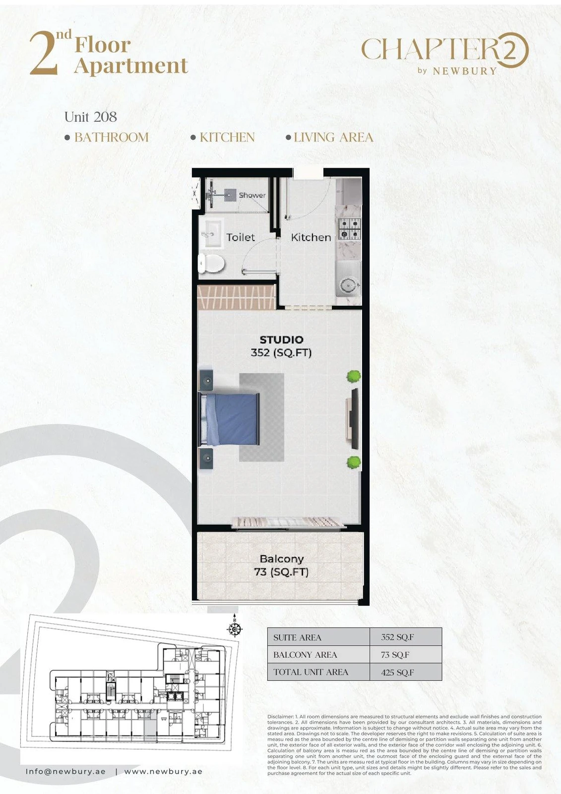 Chapter 02 studio apartment Unit 208 floor plan, 425 sq ft