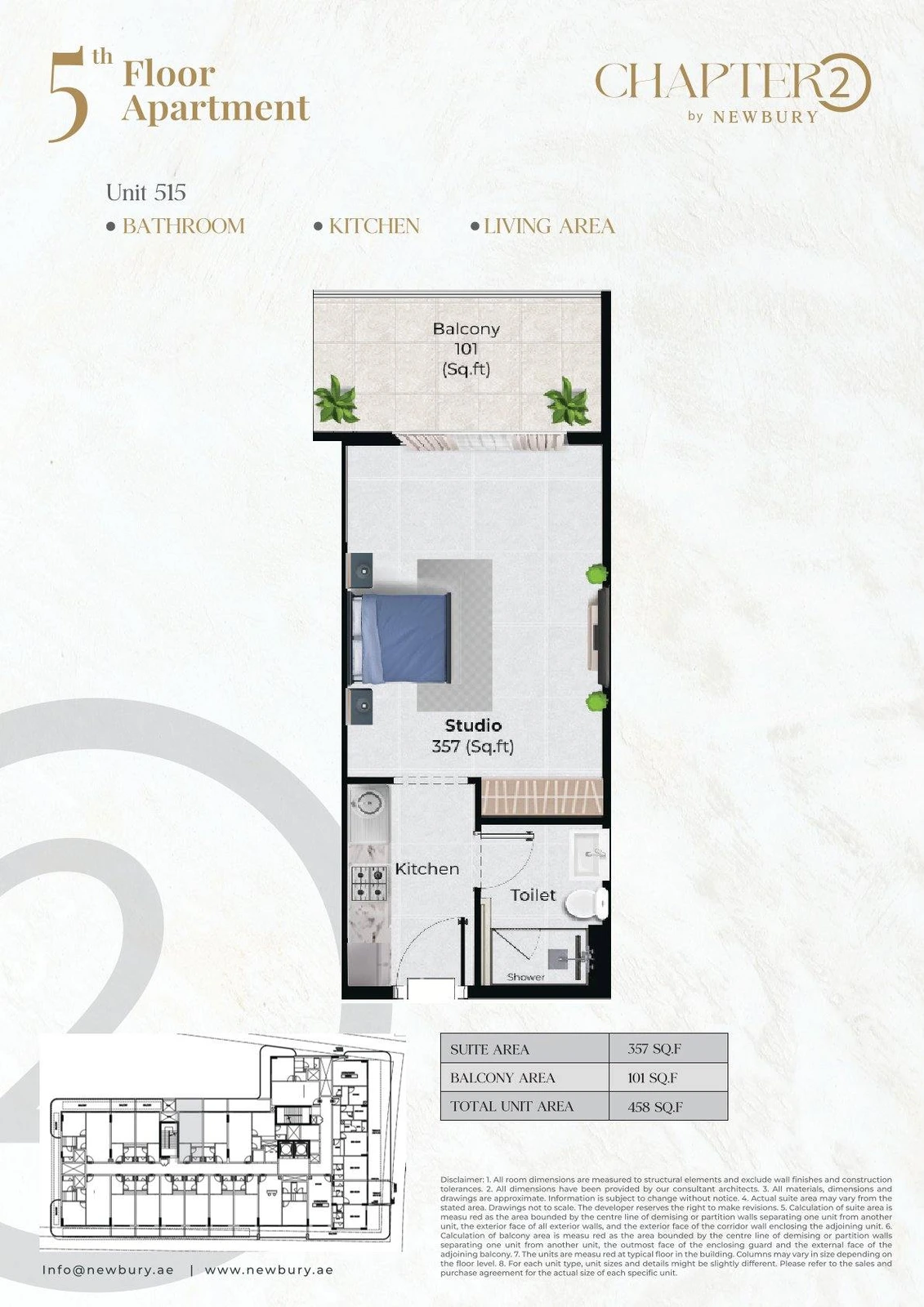 Chapter 02 studio apartment Unit 515 floor plan, 458 sq ft