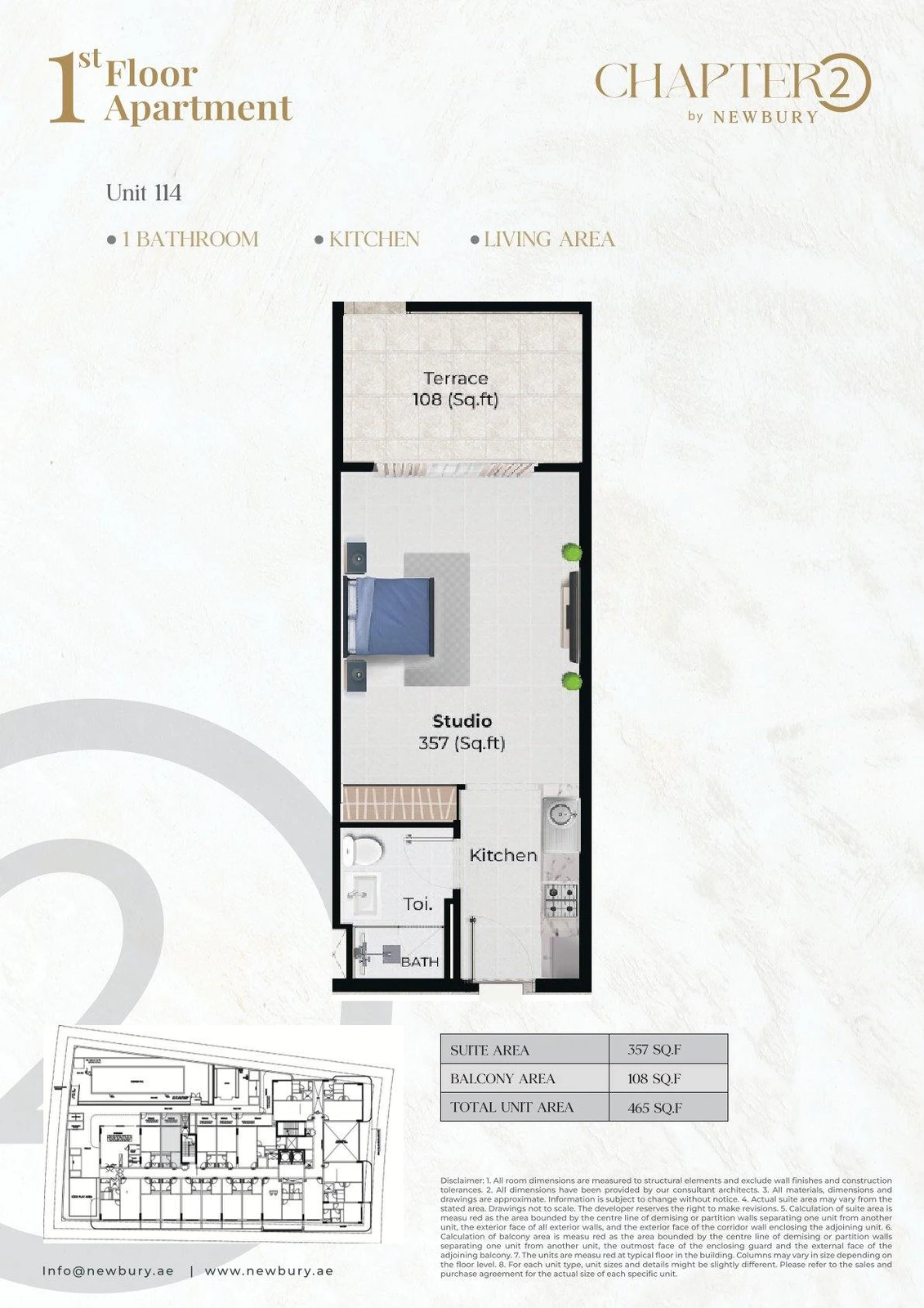 Chapter 02 studio apartment Unit 114 floor plan, 465 sq ft