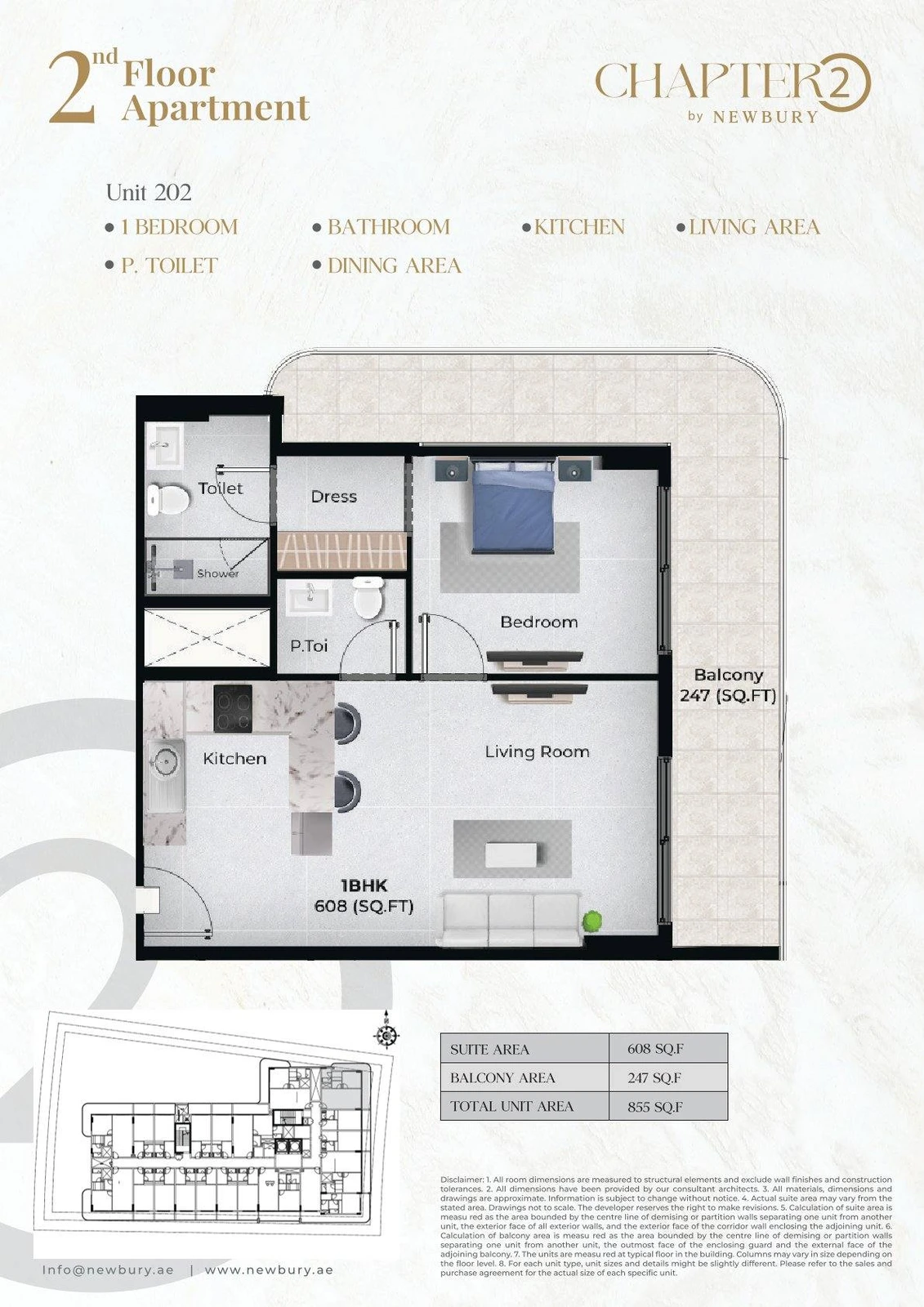 Chapter 02 1 bedroom apartment Unit 202 floor plan, 855 sq ft