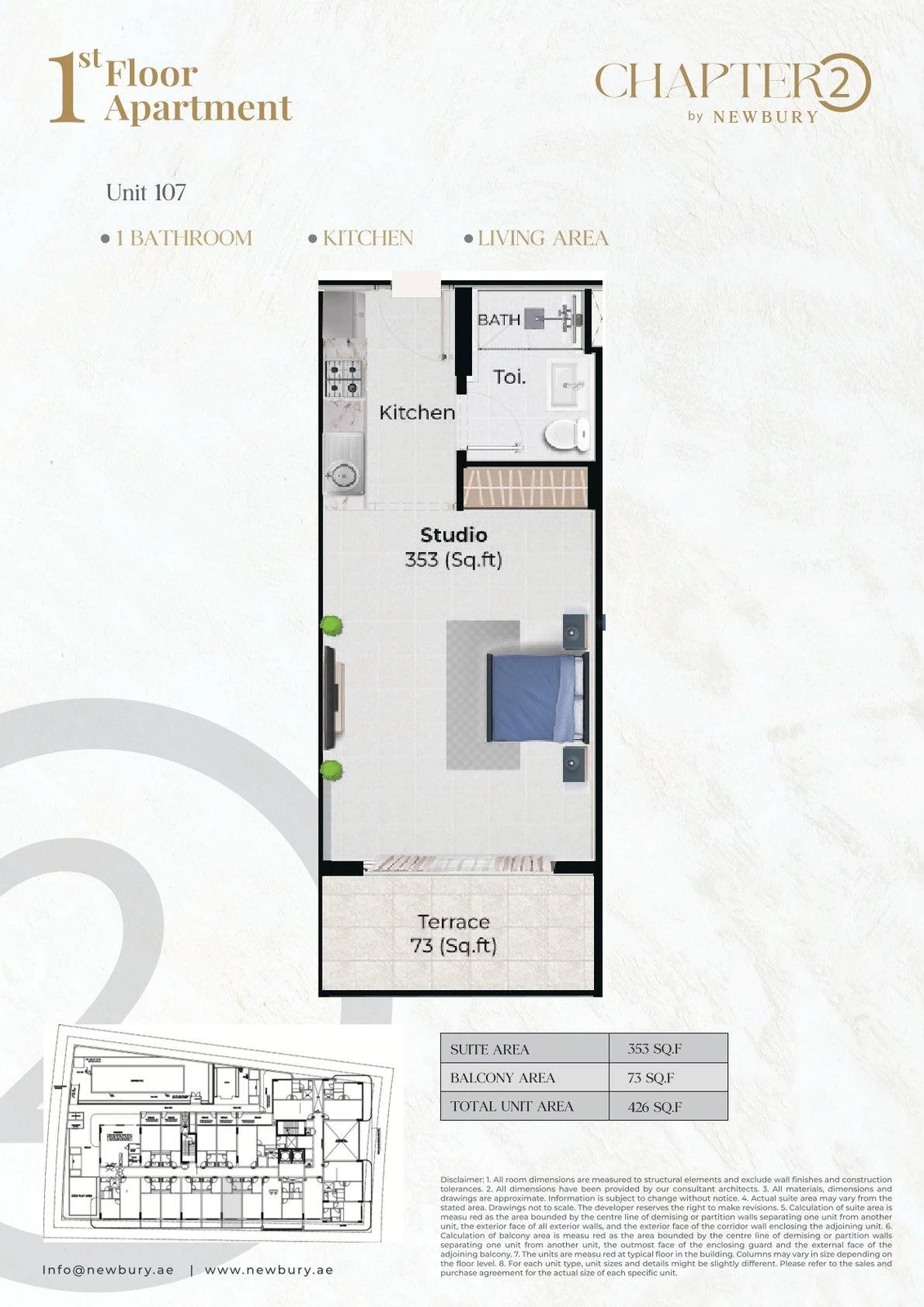 Chapter 02 studio apartment Unit 107 floor plan, 426 sq ft