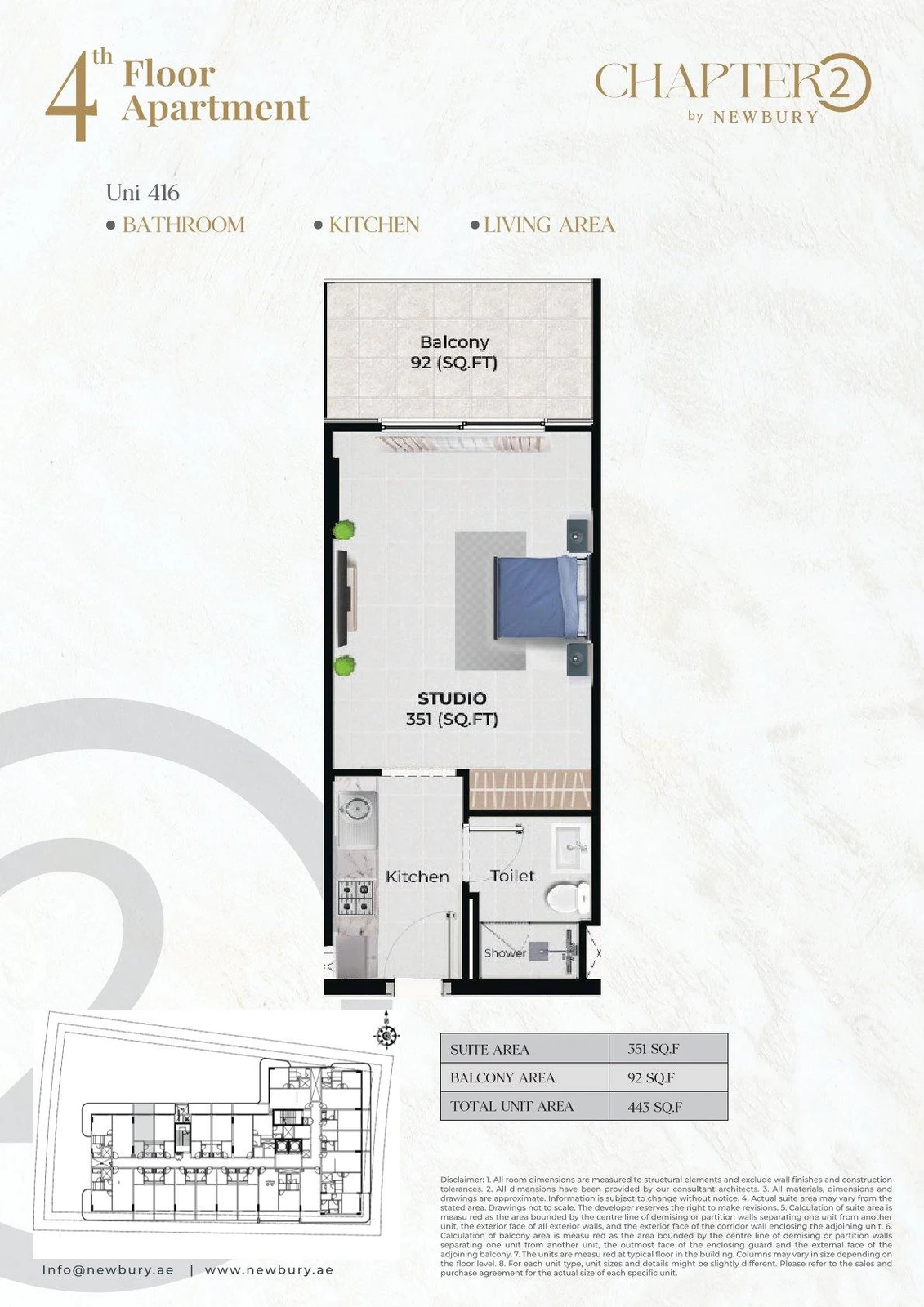 Chapter 02 studio apartment Unit 416 floor plan, 443 sq ft
