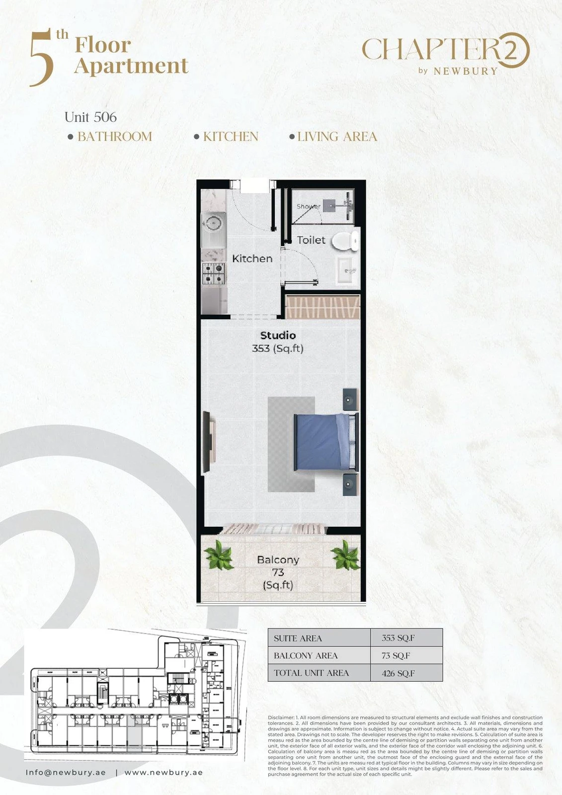 Chapter 02 studio apartment Unit 506 floor plan, 426 sq ft