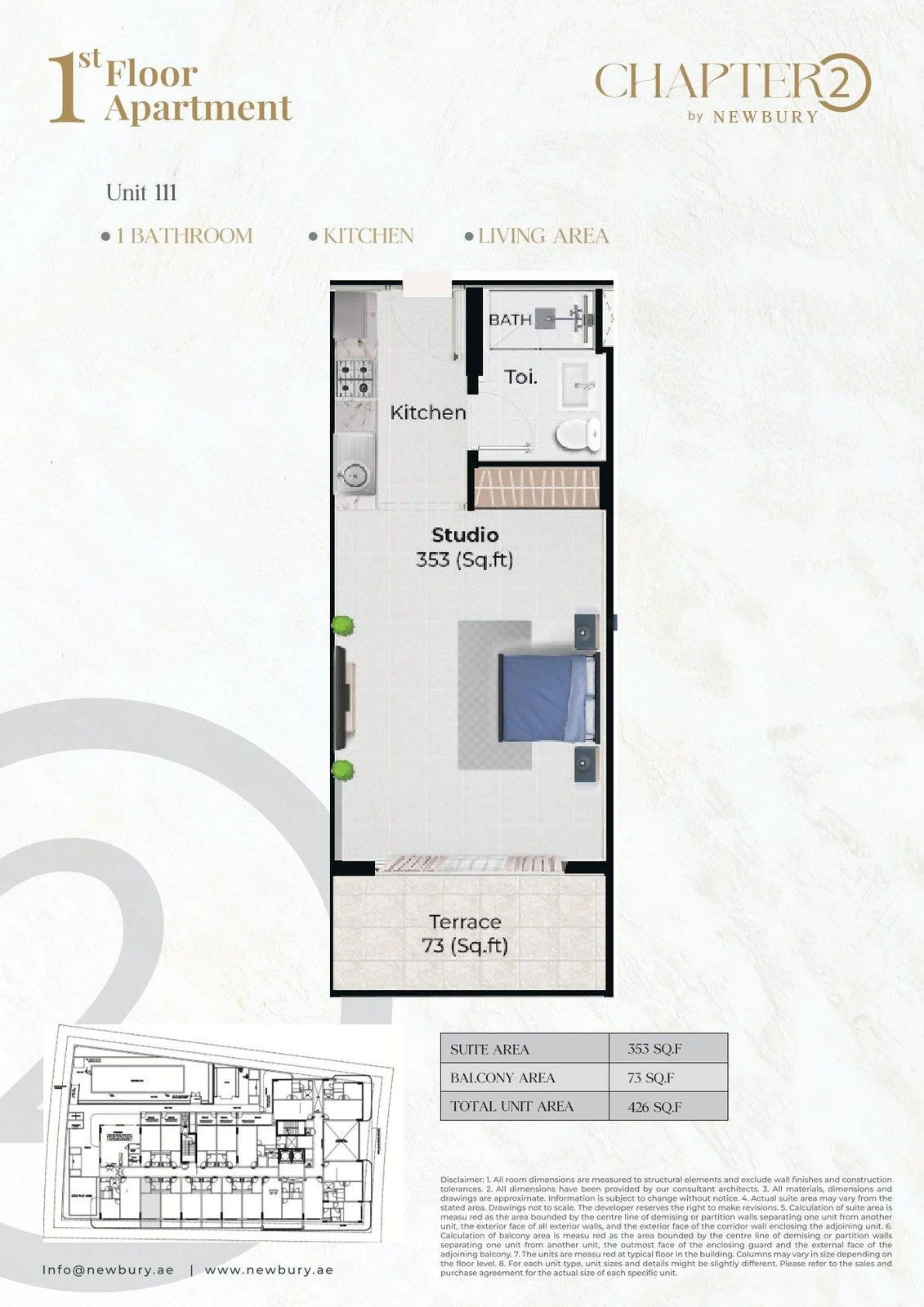 Chapter 02 studio apartment Unit 111 floor plan, 426 sq ft
