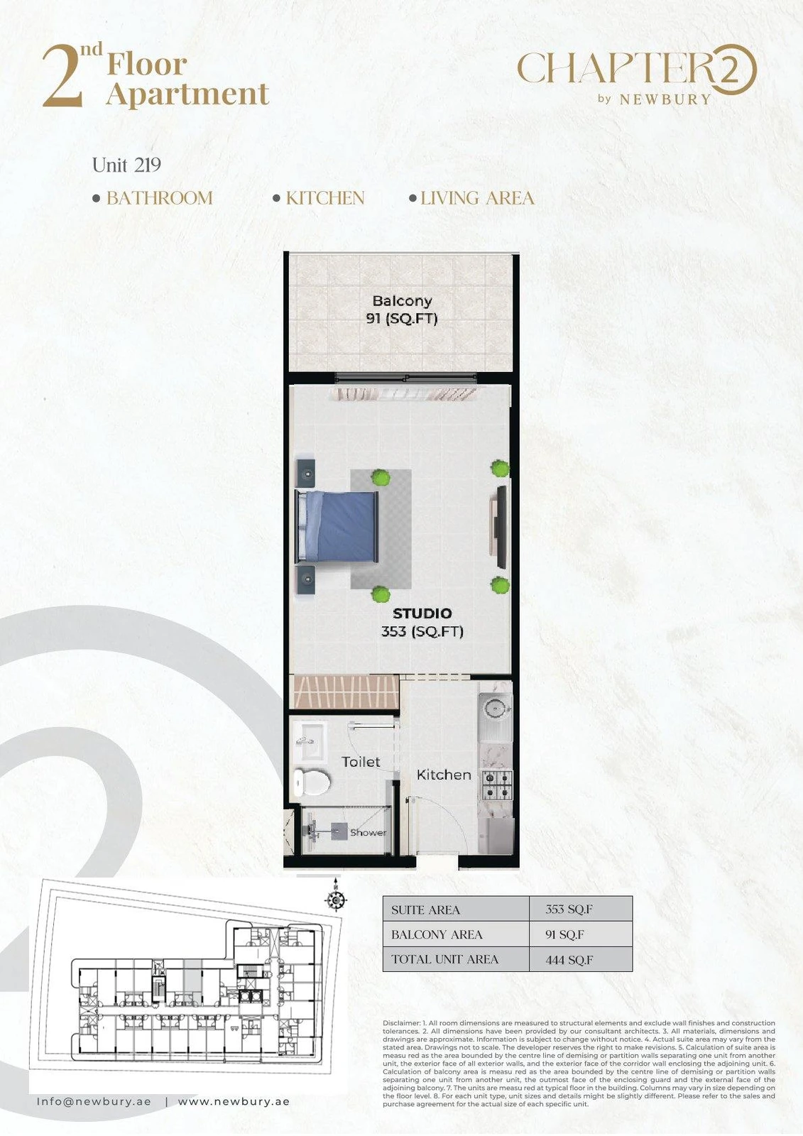 Chapter 02 studio apartment Unit 219 floor plan, 444 sq ft