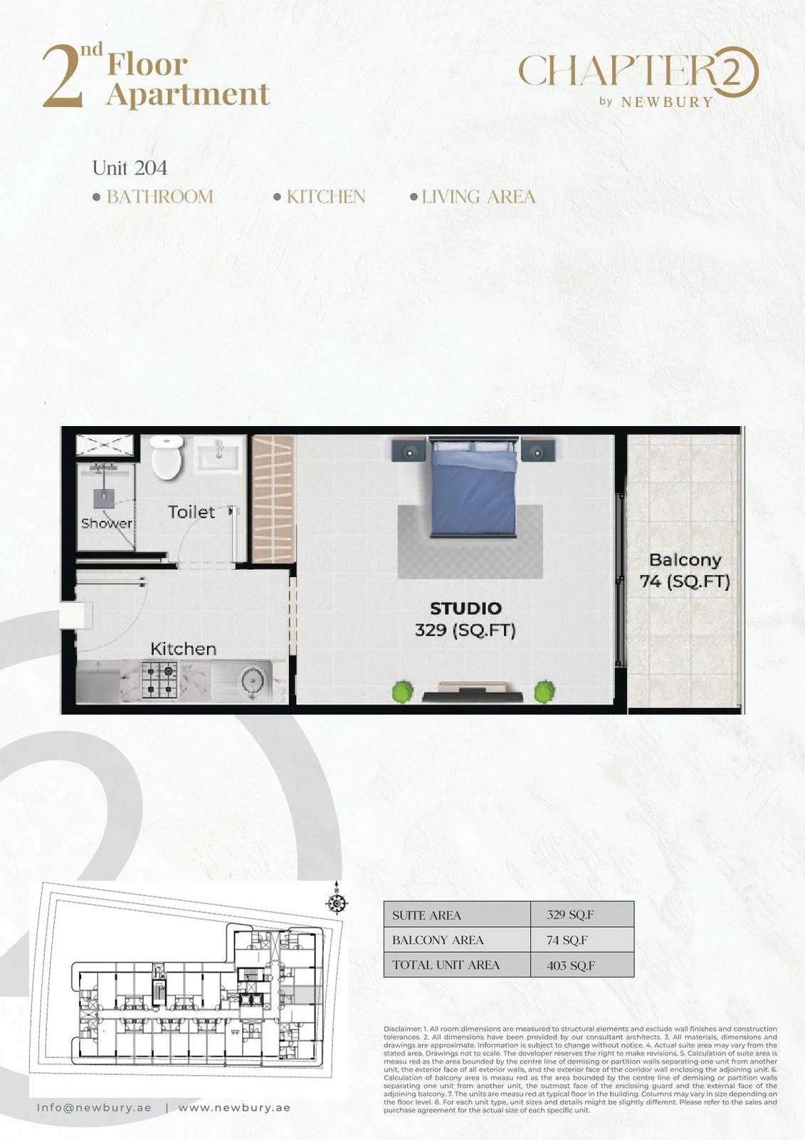 Chapter 02 studio apartment Unit 204 floor plan, 403 sq ft