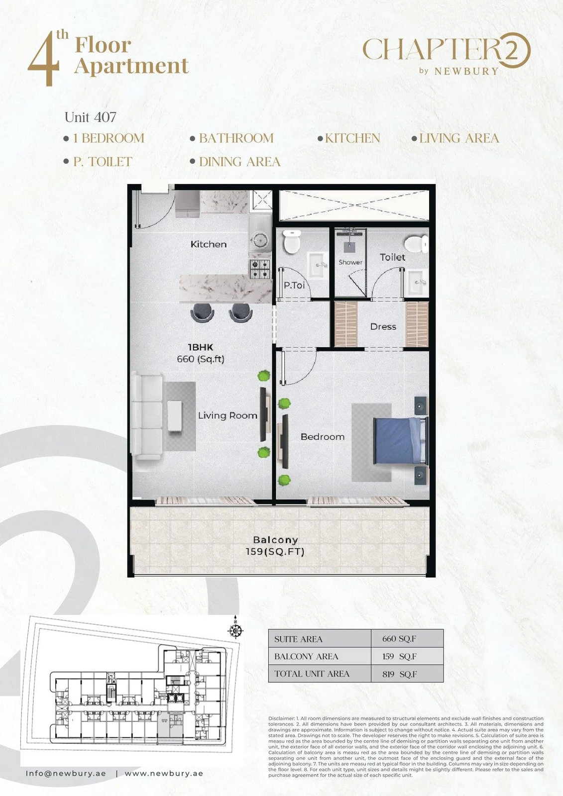 Chapter 02 1 bedroom apartment Unit 407 floor plan, 819 sq ft