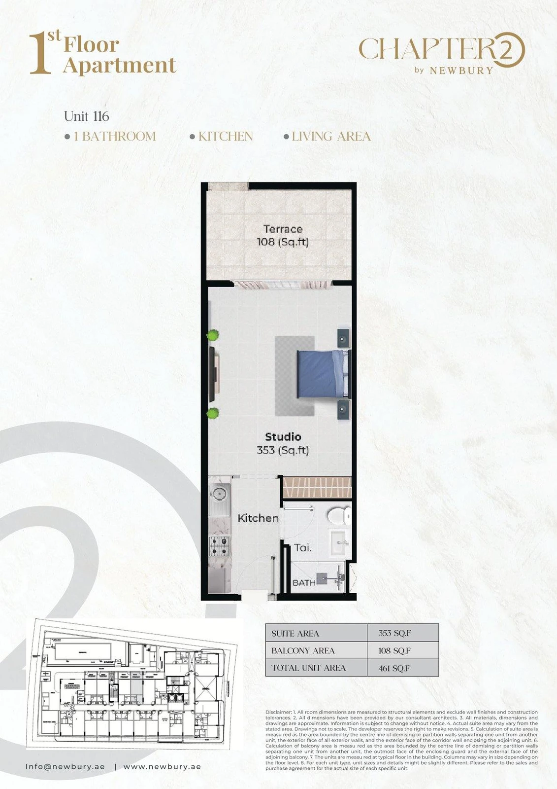Chapter 02 studio apartment Unit 116 floor plan, 461 sq ft