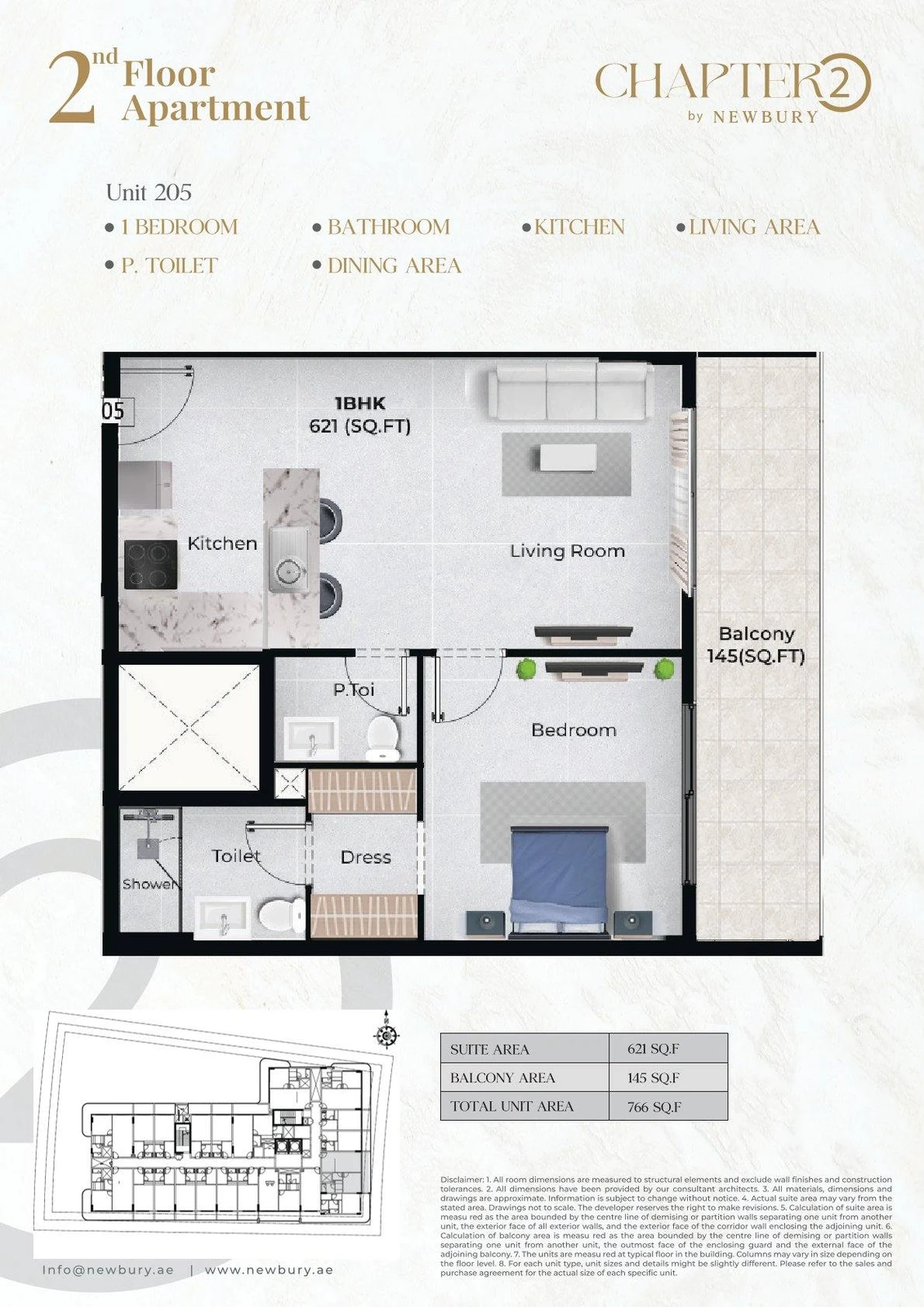 Chapter 02 1 bedroom apartment Unit 205 floor plan, 766 sq ft