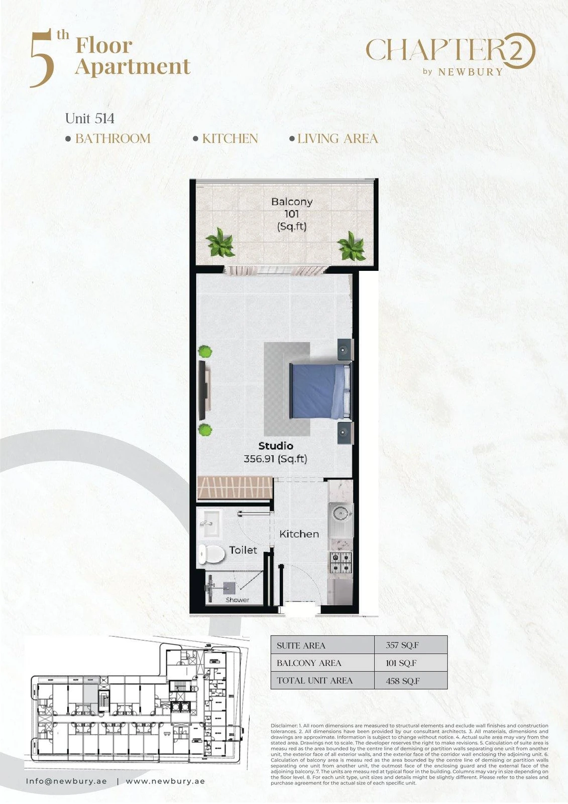Chapter 02 studio apartment Unit 514 floor plan, 458 sq ft
