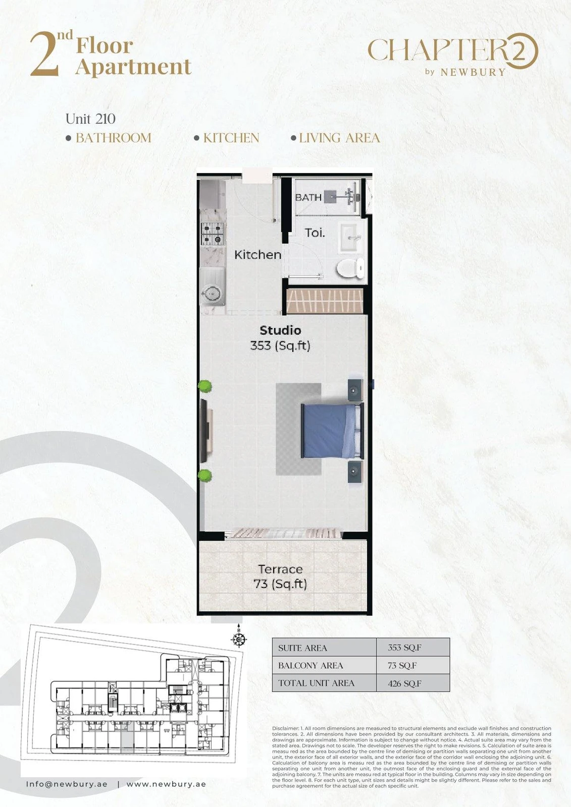 Chapter 02 studio apartment Unit 210 floor plan, 426 sq ft