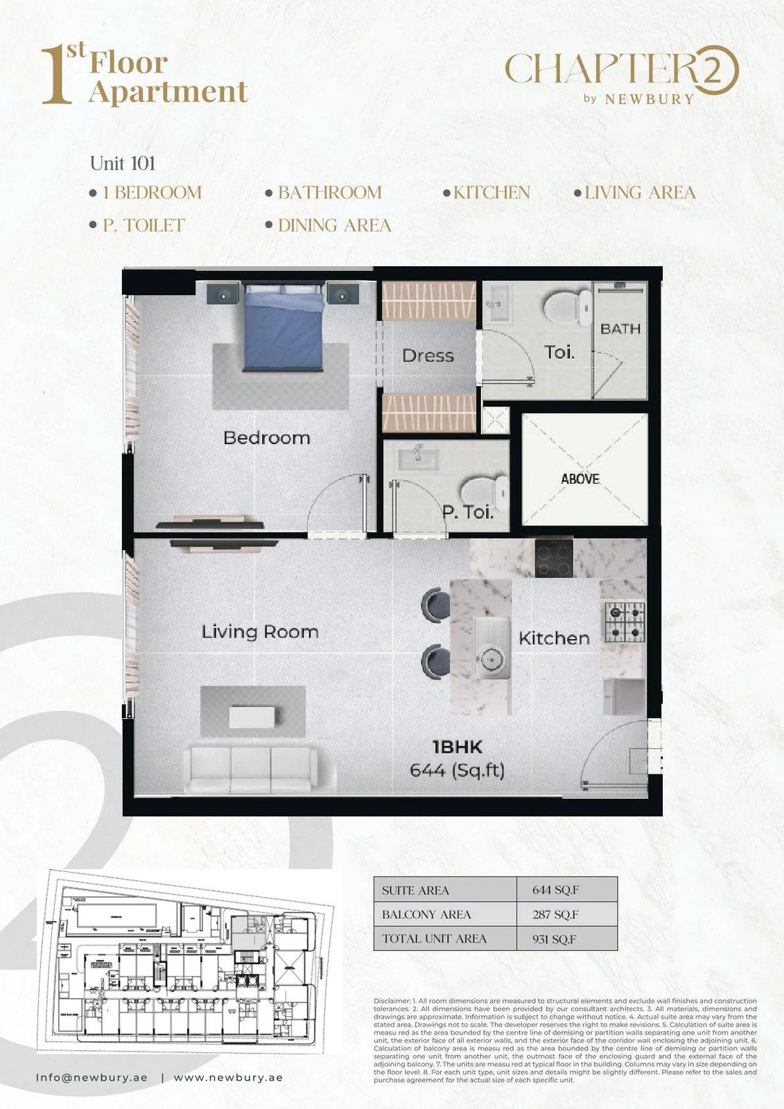 Chapter 02 1 bedroom apartment Unit 101 floor plan, 931 sq ft