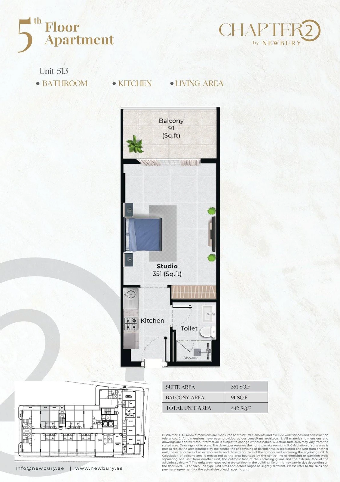 Chapter 02 studio apartment Unit 513 floor plan, 442 sq ft