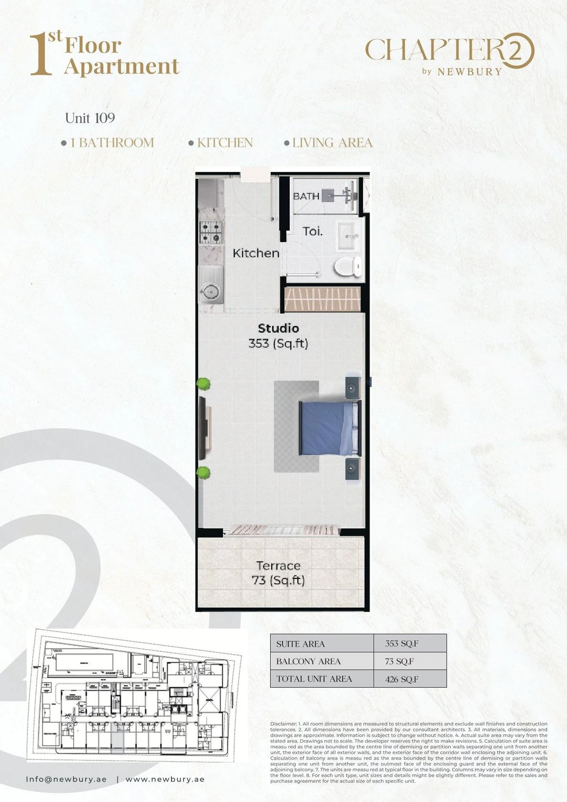 Chapter 02 studio apartment Unit 109 floor plan, 426 sq ft